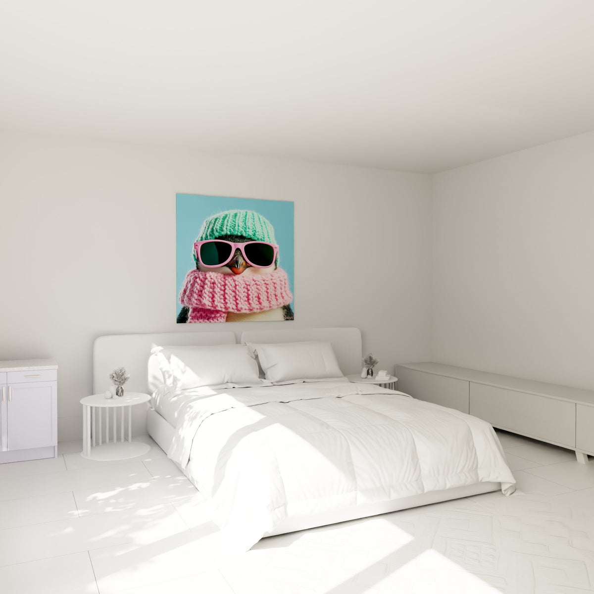 Bonnet vert et écharpe rose habillent ce pingouin accroché au-dessus d'un lit dans une chambre claire