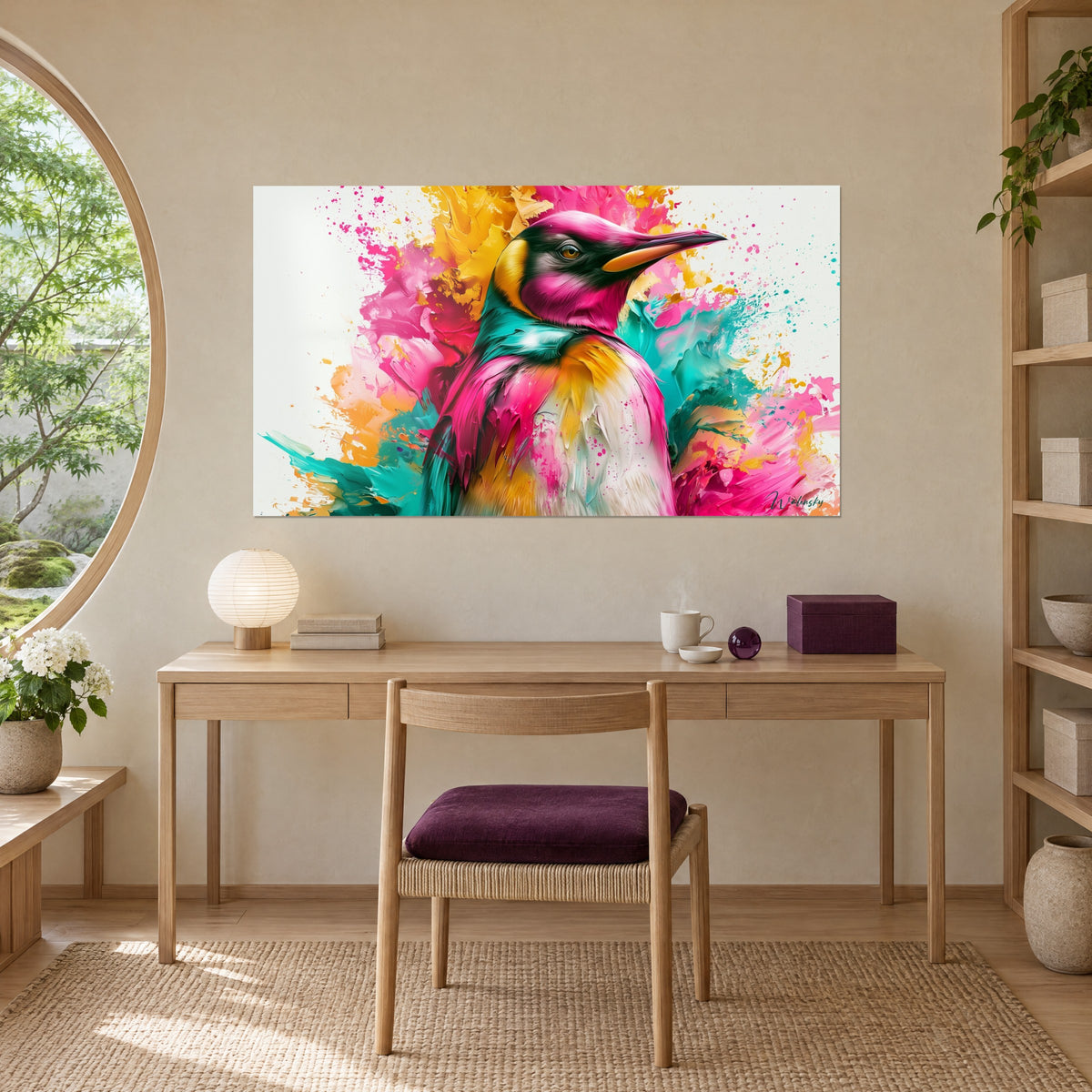 Tableau silhouette de pingouin en peinture épaisse, tête fuchsia et poitrail blanc, éclats turquoise et or, au mur d'un bureau en bois clair