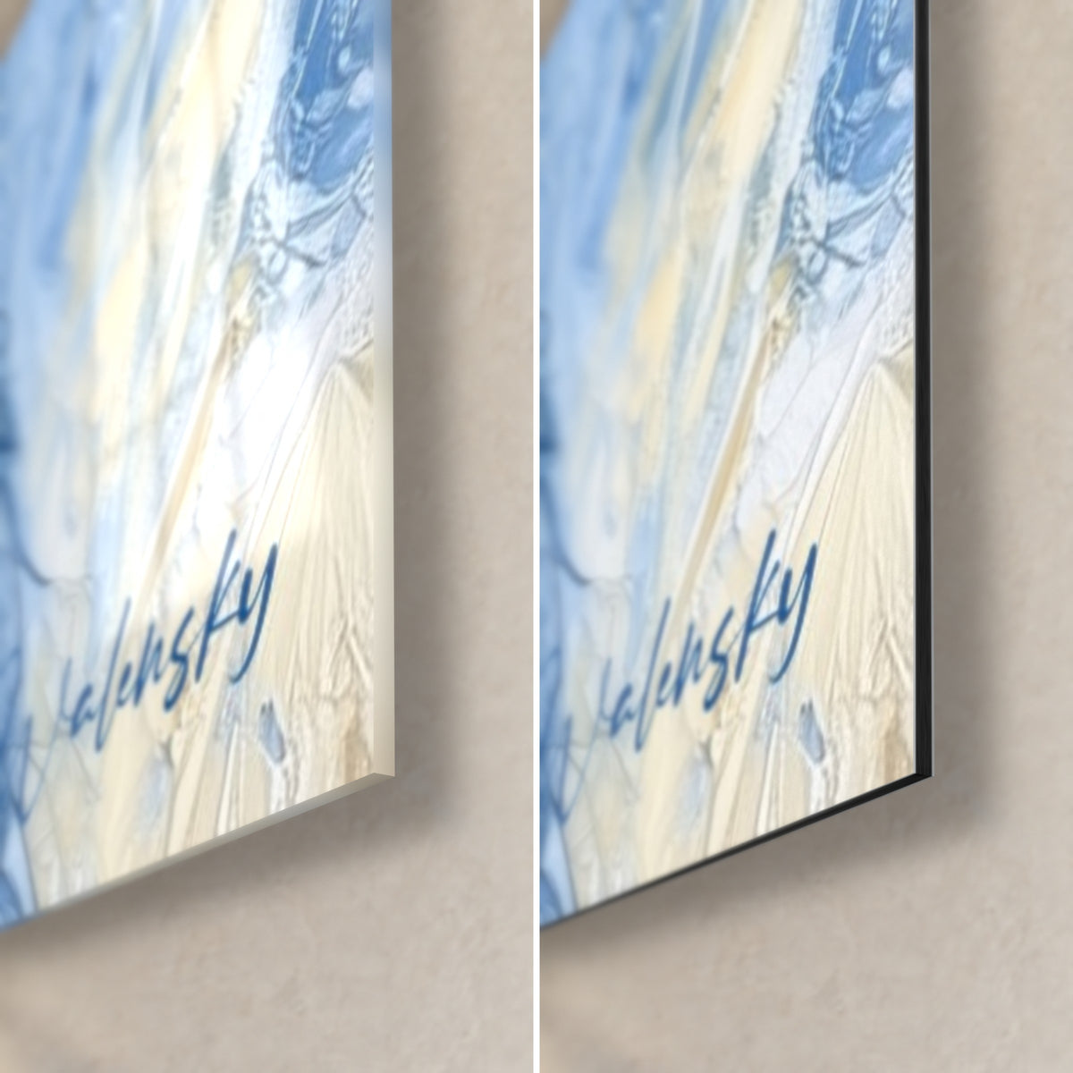 Tableau pingouins en peinture épaisse bleu azur et or, coin bas droit en verre brillant et Dibond mat, tranche de 3 mm