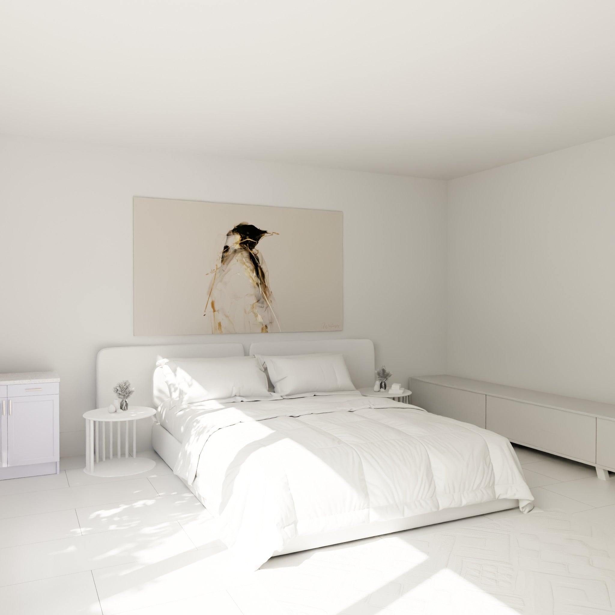Silhouette de pingouin noire et dorée accrochée au-dessus d'un lit dans une chambre claire
