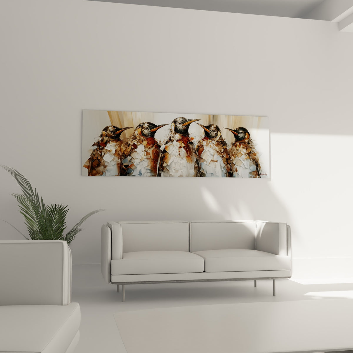 Groupe de pingouins fauves et blancs, empâtements épais, au-dessus d'un canapé dans un salon lumineux