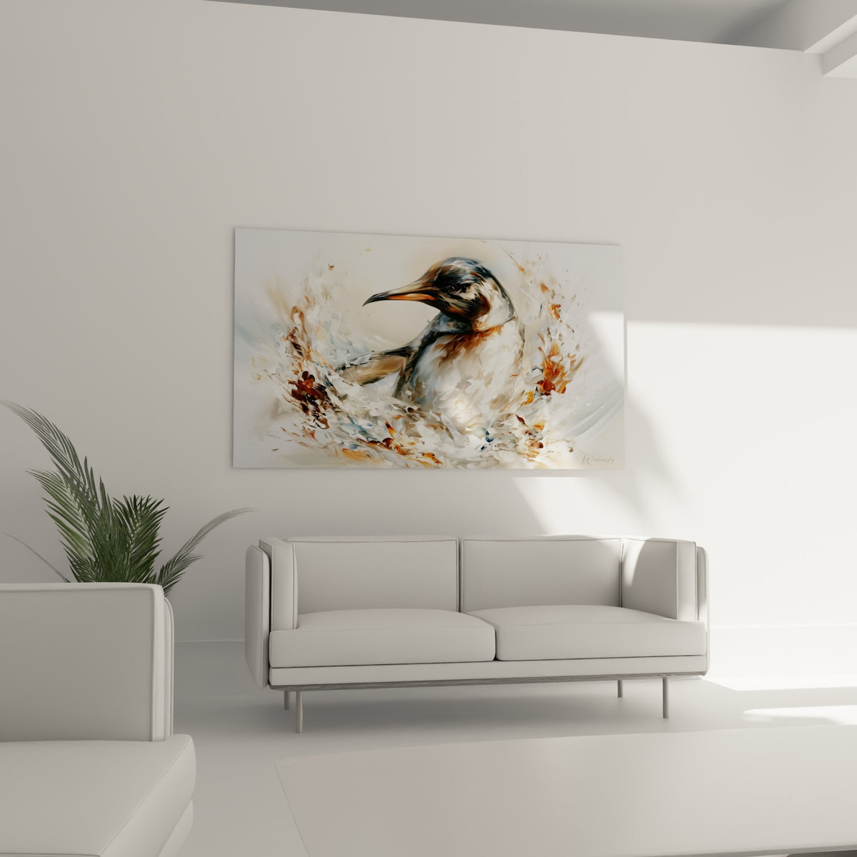Plumage anthracite et fauve du pingouin capturé en mouvement, suspendu au-dessus d'un canapé dans un salon lumineux