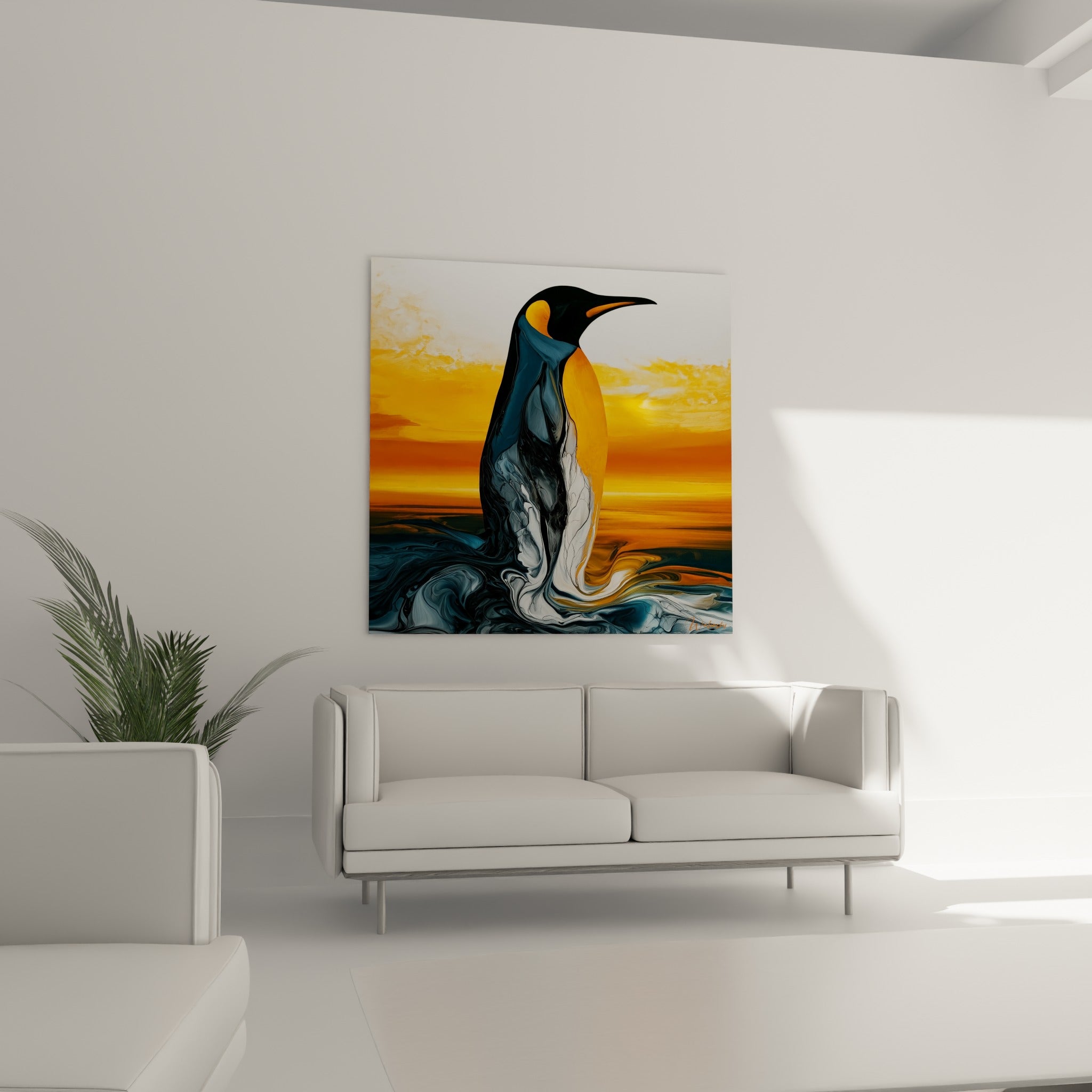 Pingouin marbré bleu marine et doré au coucher de soleil, placé au-dessus d'un canapé dans un salon lumineux