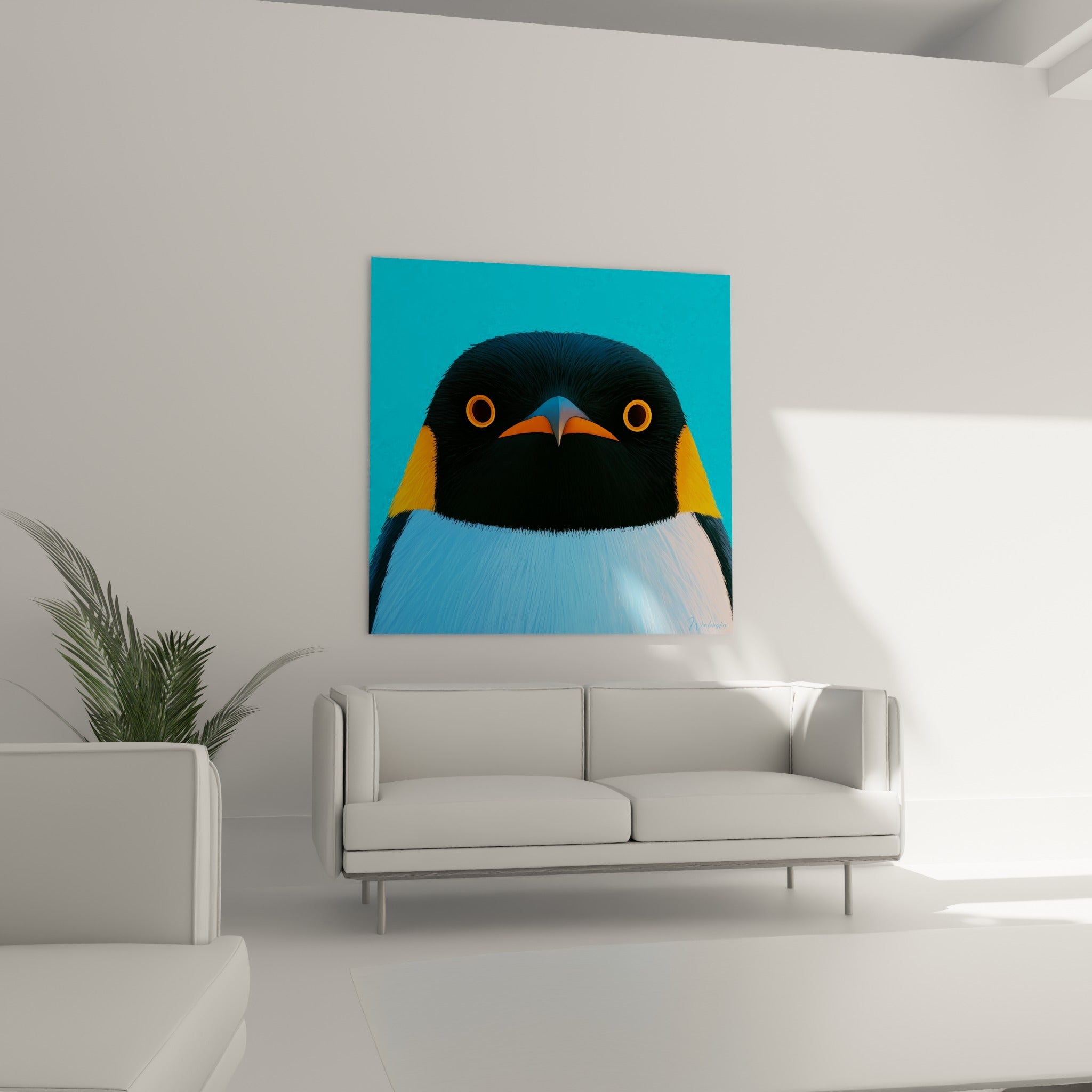 Face de pingouin bleu turquoise et orange accrochée au-dessus d'un canapé dans un salon lumineux