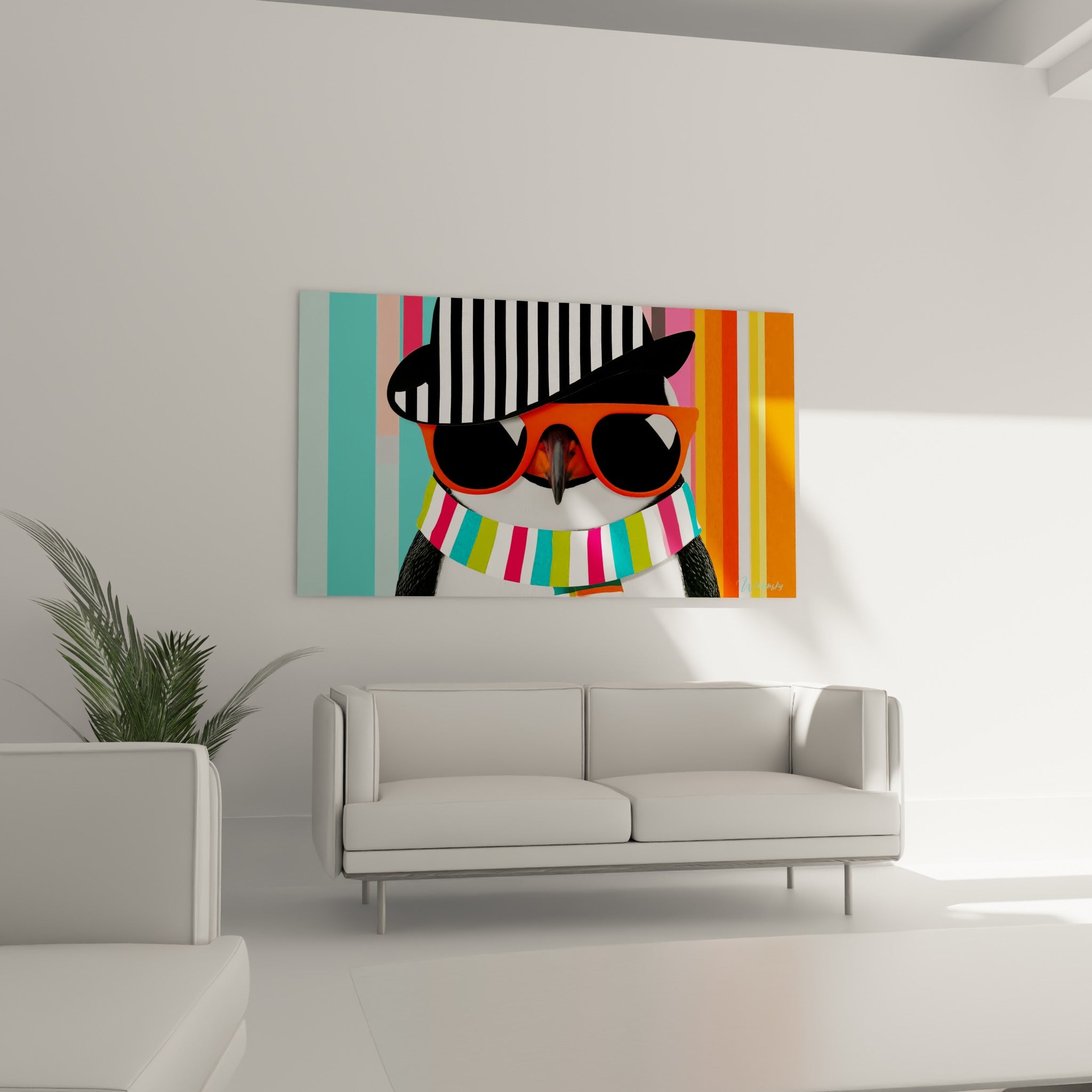 Silhouette de pingouin facétieux aux verres orange et rayures noires, au-dessus d'un canapé dans un salon lumineux