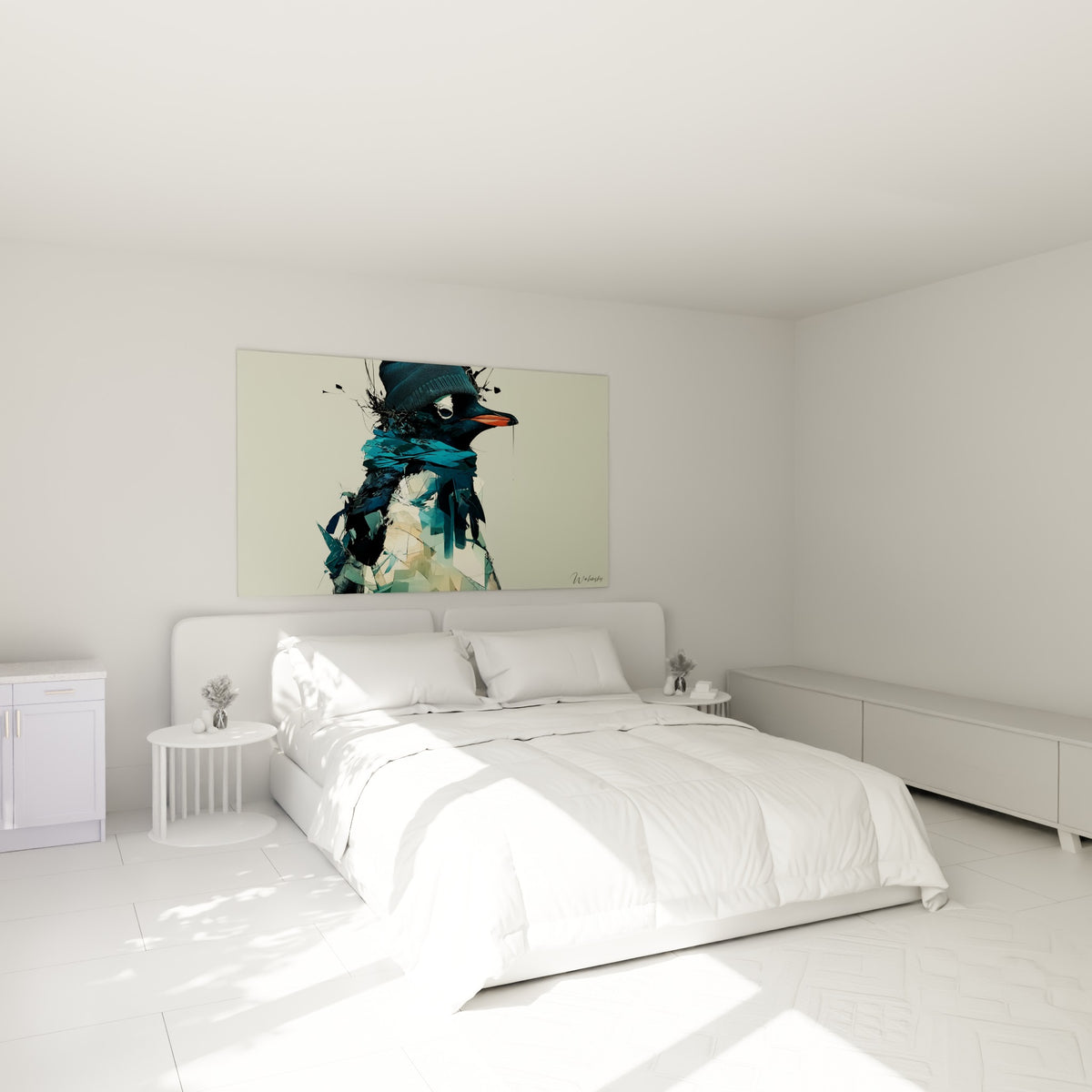 Silhouette de pingouin fragmentée en bleu pétrole et crème, accrochée au-dessus d'un lit dans une chambre claire