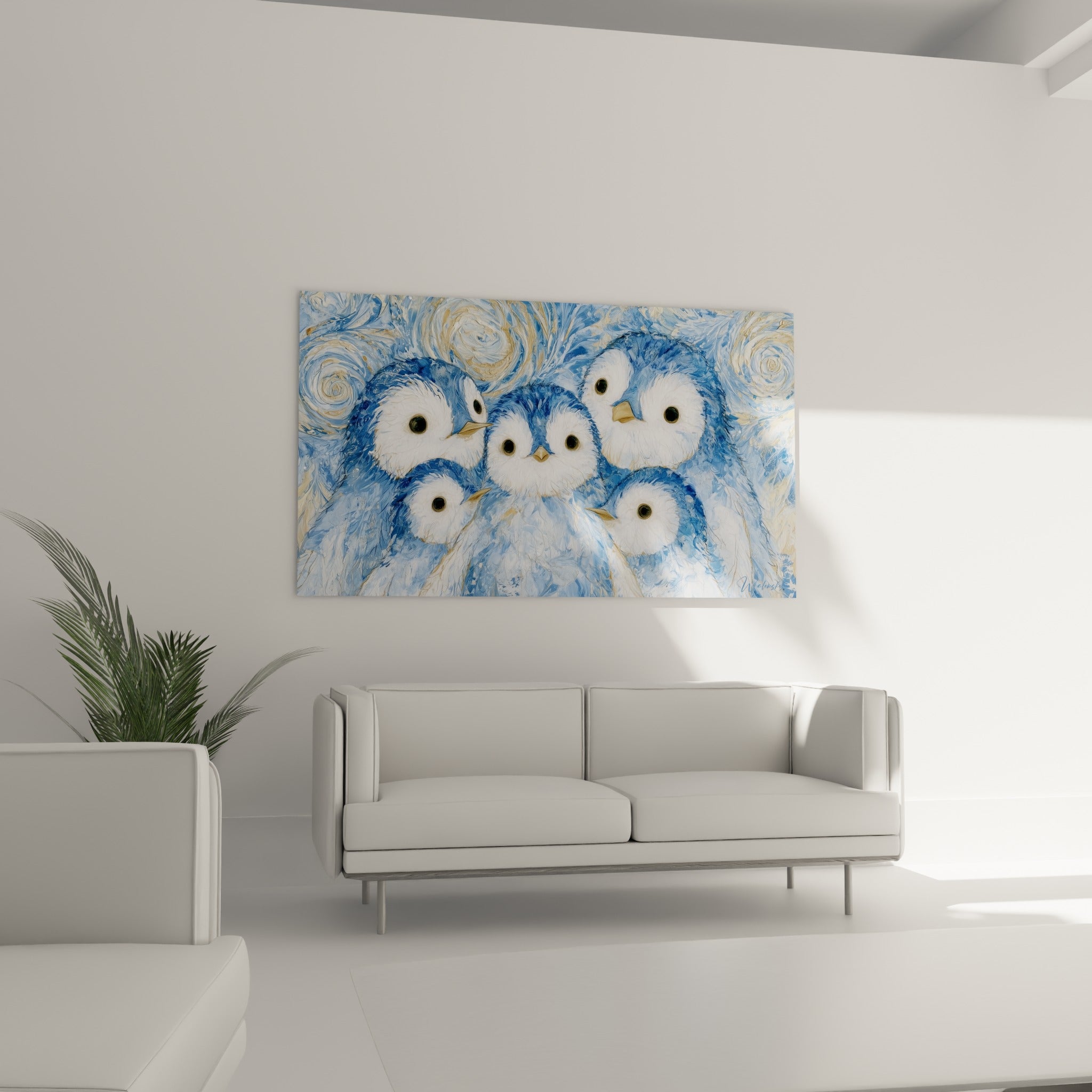 Fratrie de pingouins bleu pastel et crème, becs orangés, au-dessus d'un canapé dans un salon lumineux