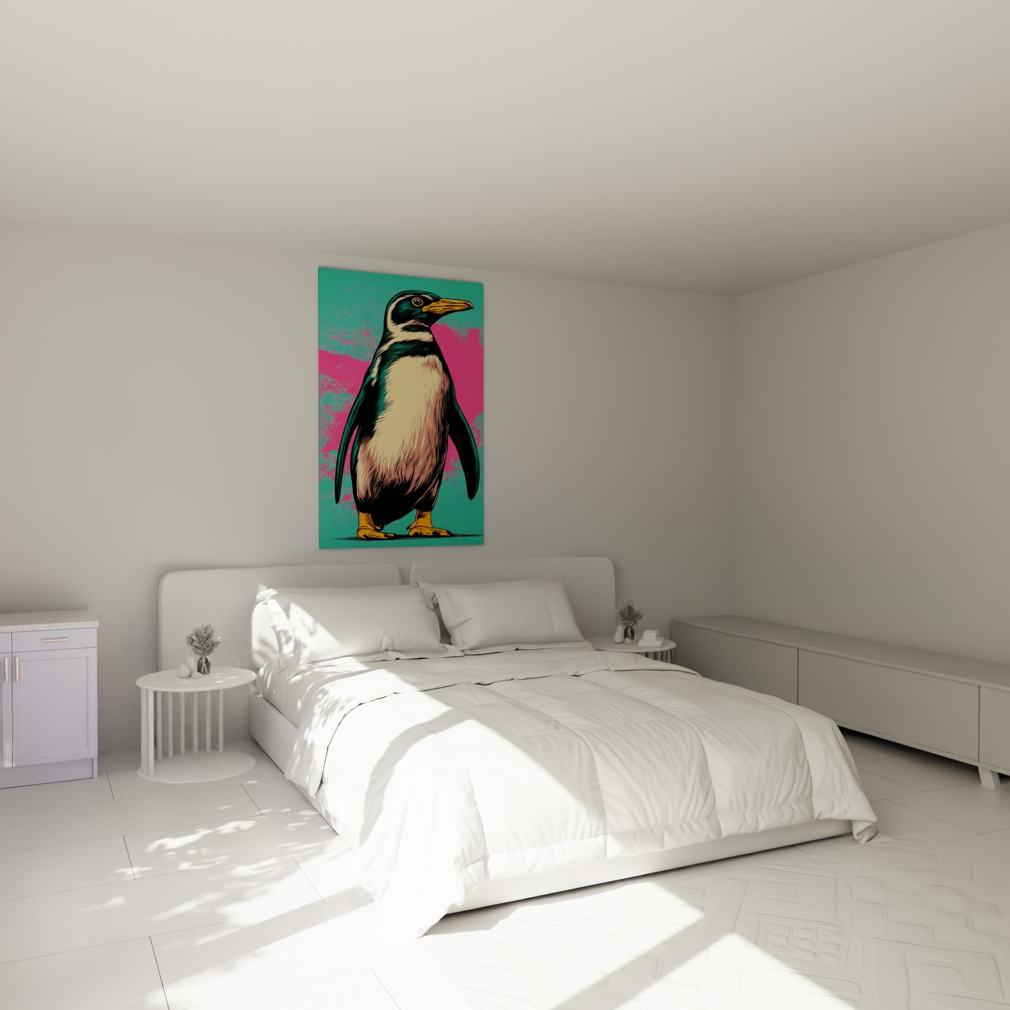 Silhouette de pingouin noir et crème sur fond turquoise et rose, accrochée au-dessus d'un lit dans une chambre claire