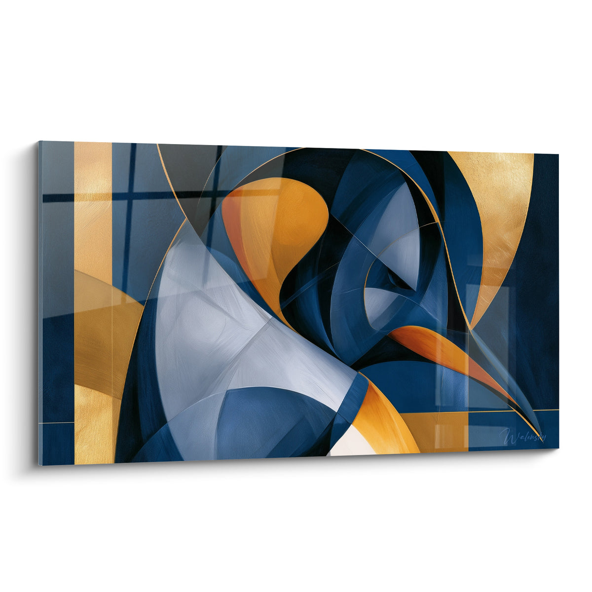 Pingouin géométrique en bleu marine et doré, formes cubistes et bec orangé fragmenté