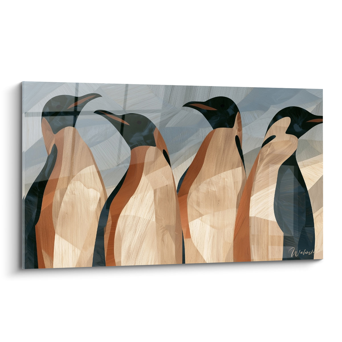 Quatre pingouins géométriques bois clair et anthracite, becs ocre, sur fond gris texturé.