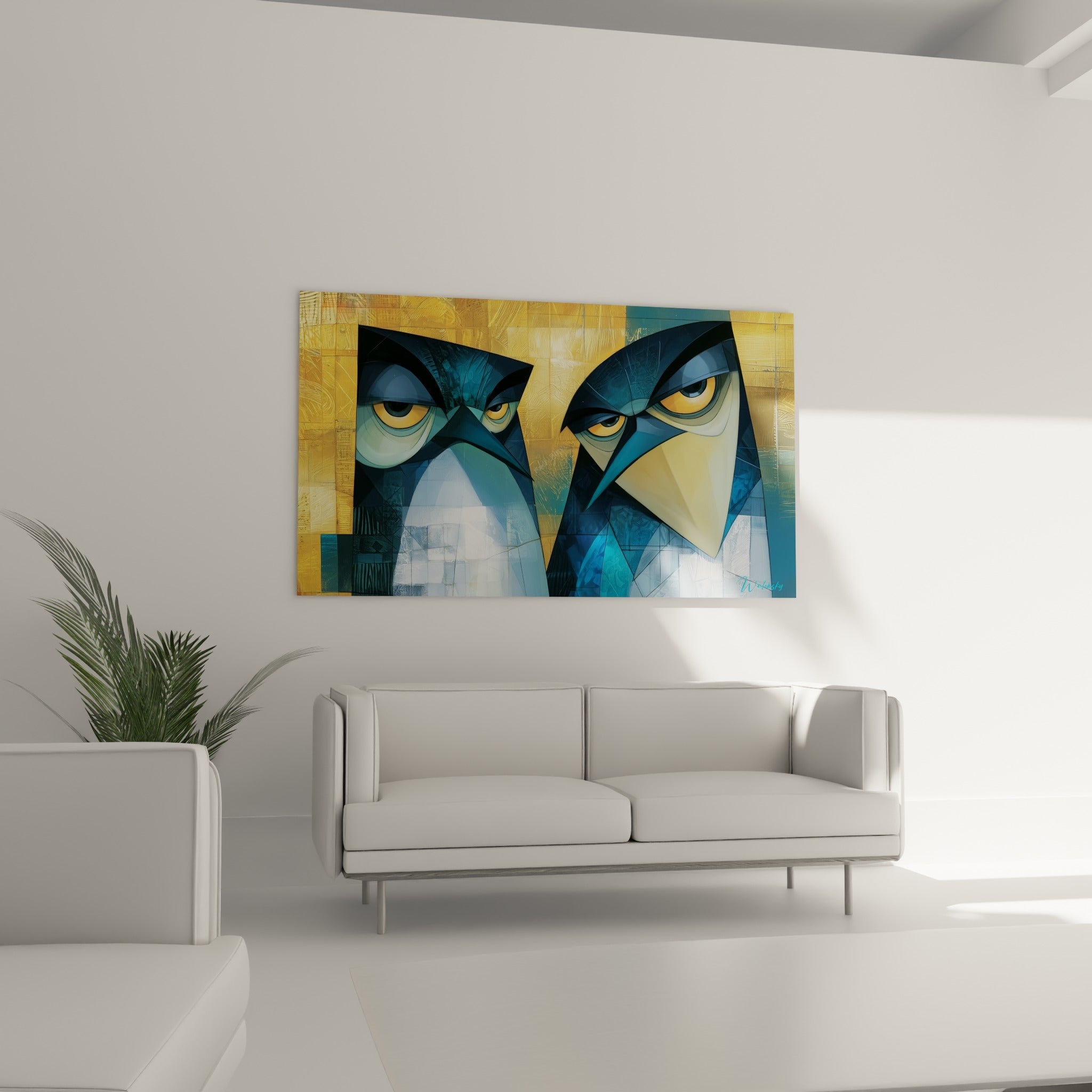 Silhouettes anguleuses de pingouins anthracite et ocre, disposées au-dessus d'un canapé dans un salon lumineux