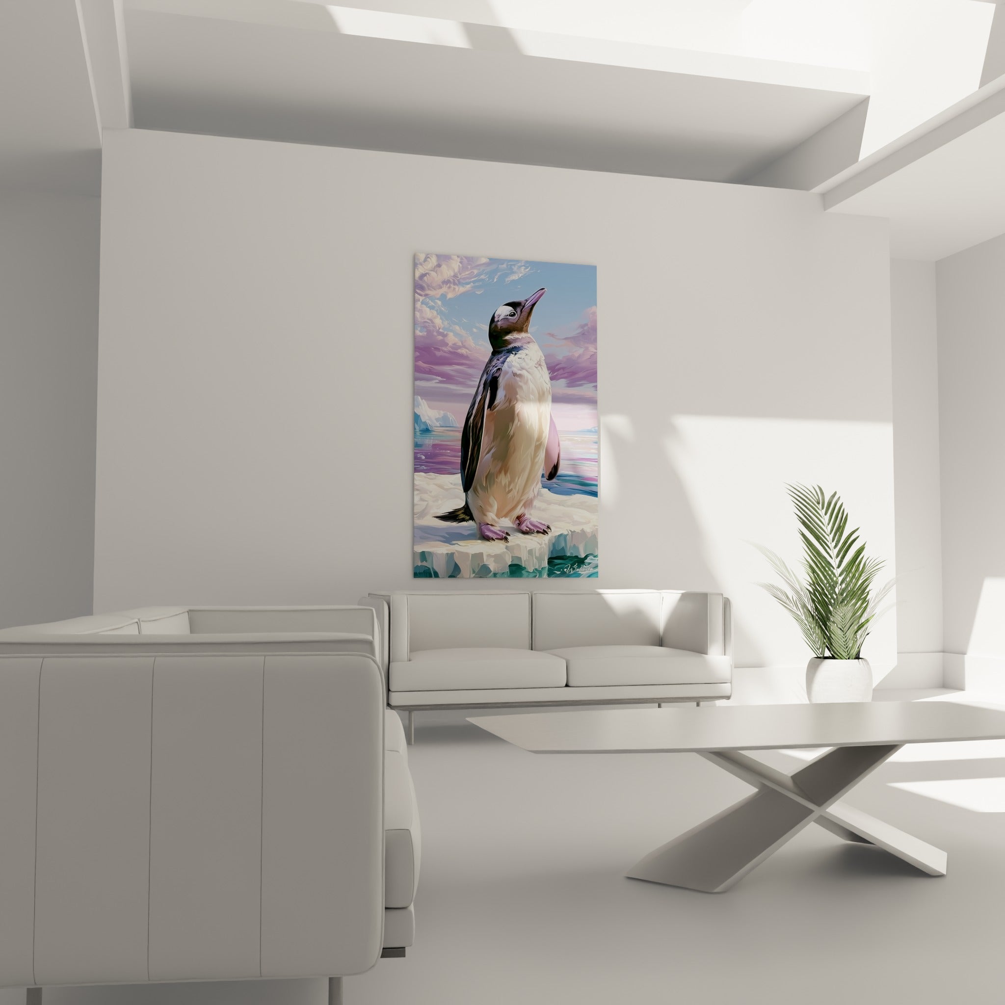 Pingouin sur glace turquoise sous ciel rose, disposé au-dessus d'un canapé dans un salon lumineux