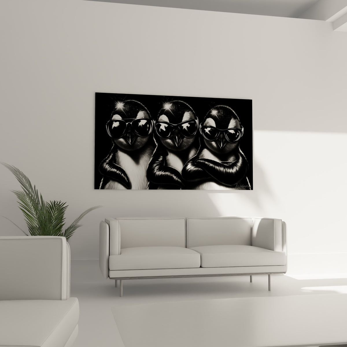 Trio de pingouins graphiques en noir et charbonneux, lunettes reflétant la lumière, au-dessus d'un canapé dans un salon lumineux