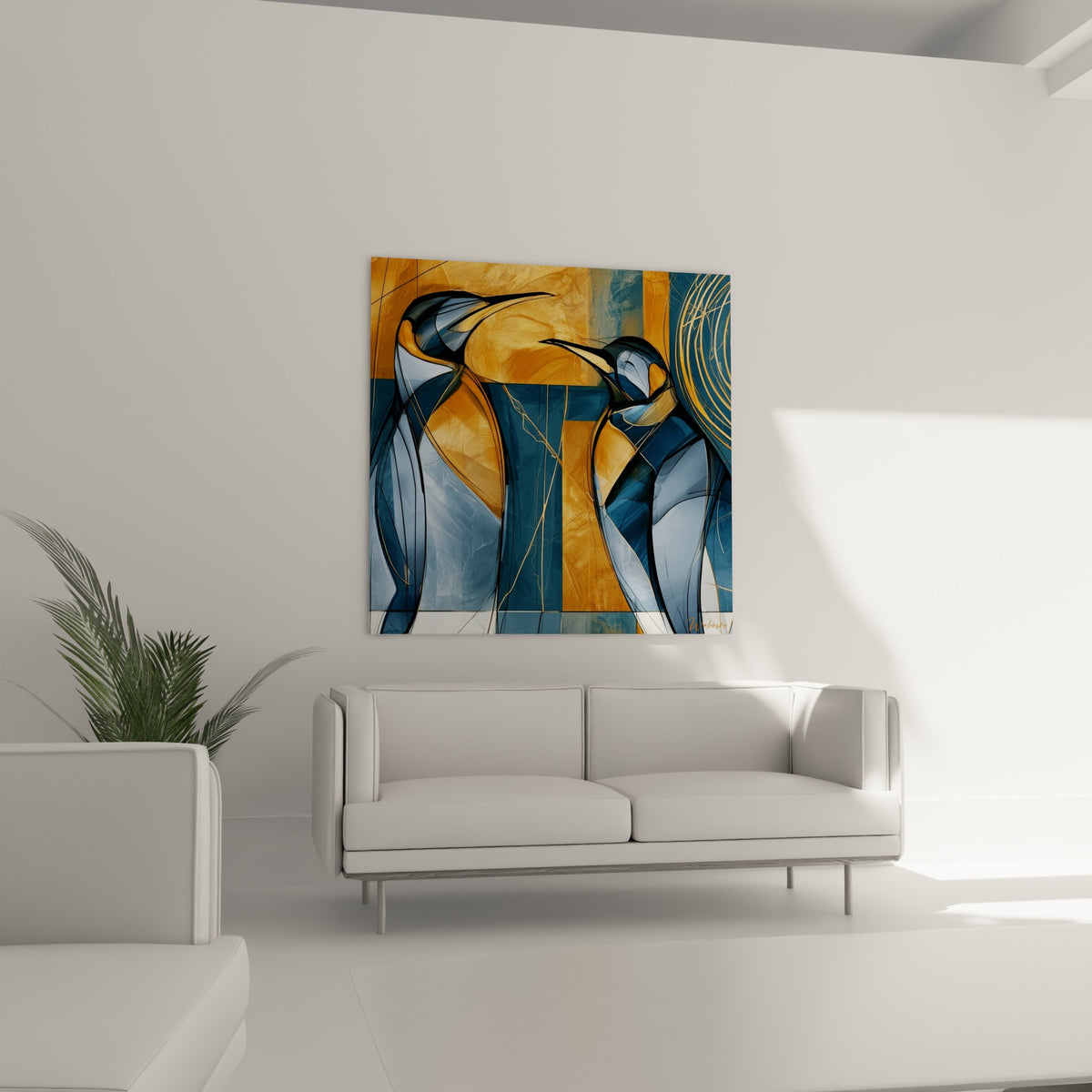 Duo de manchots graphiques ocre et bleu marine au-dessus d'un canapé dans un salon lumineux