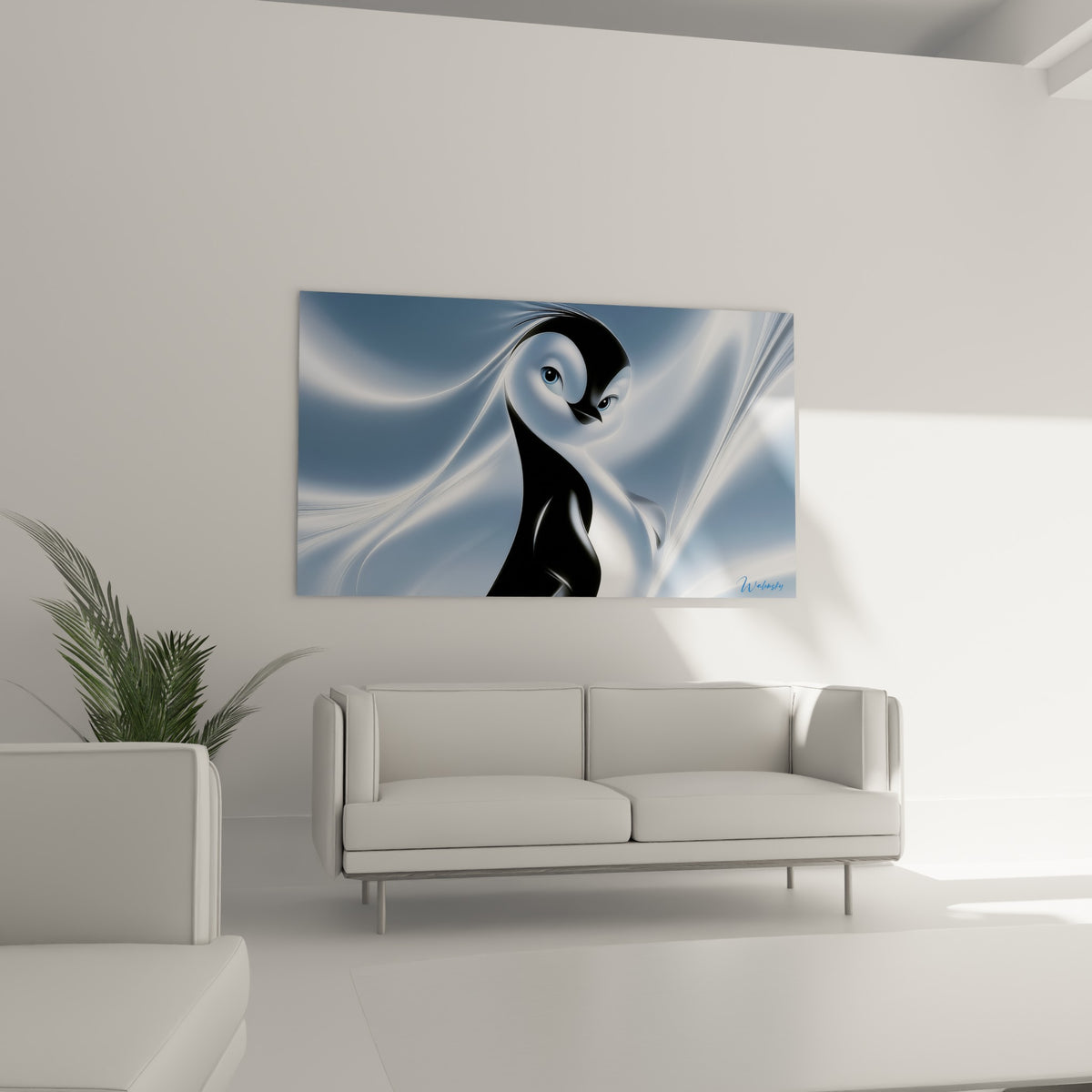 Portrait stylisé d'un pingouin noir et blanc cassé, suspendu au-dessus d'un canapé dans un salon lumineux