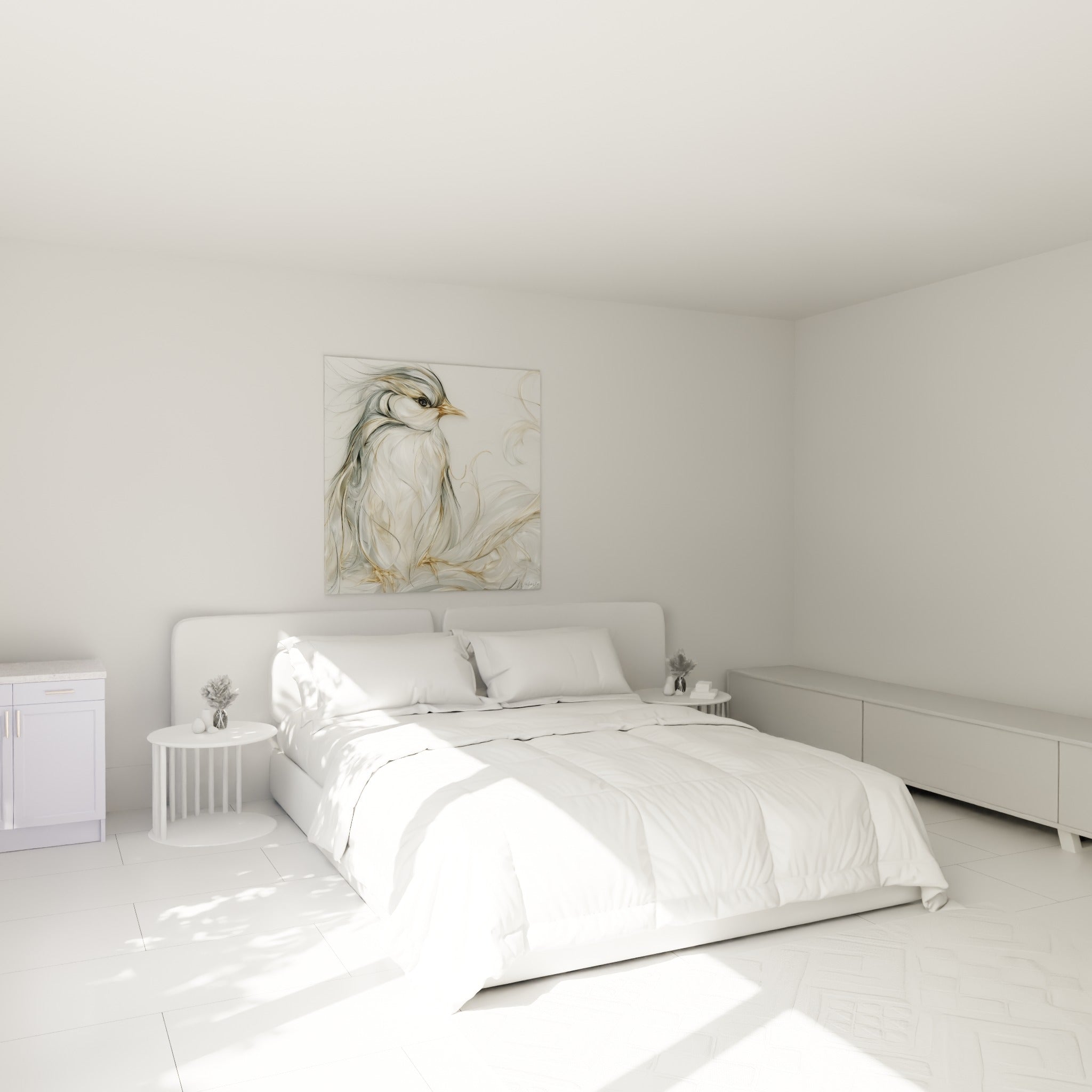 Silhouette de pingouin gris et or aux plumes ondulantes, accrochée au-dessus d'un lit dans une chambre claire