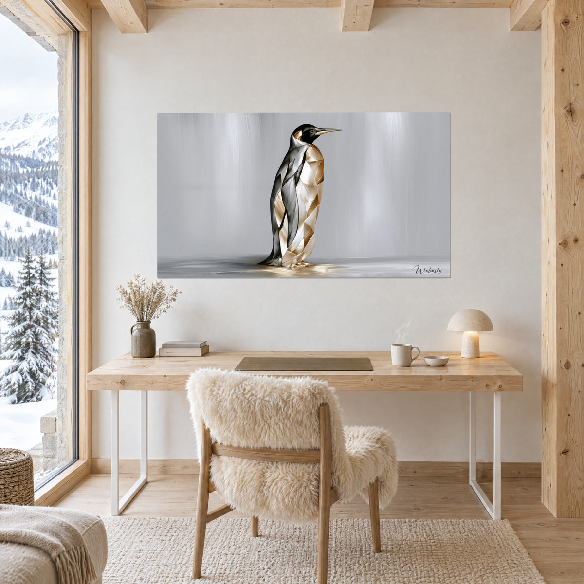 Tableau manchot élancé aux facettes de bronze et d'acier, tête noire au bec fin, sur le mur beige d'un bureau en bois clair avec chaise en peau