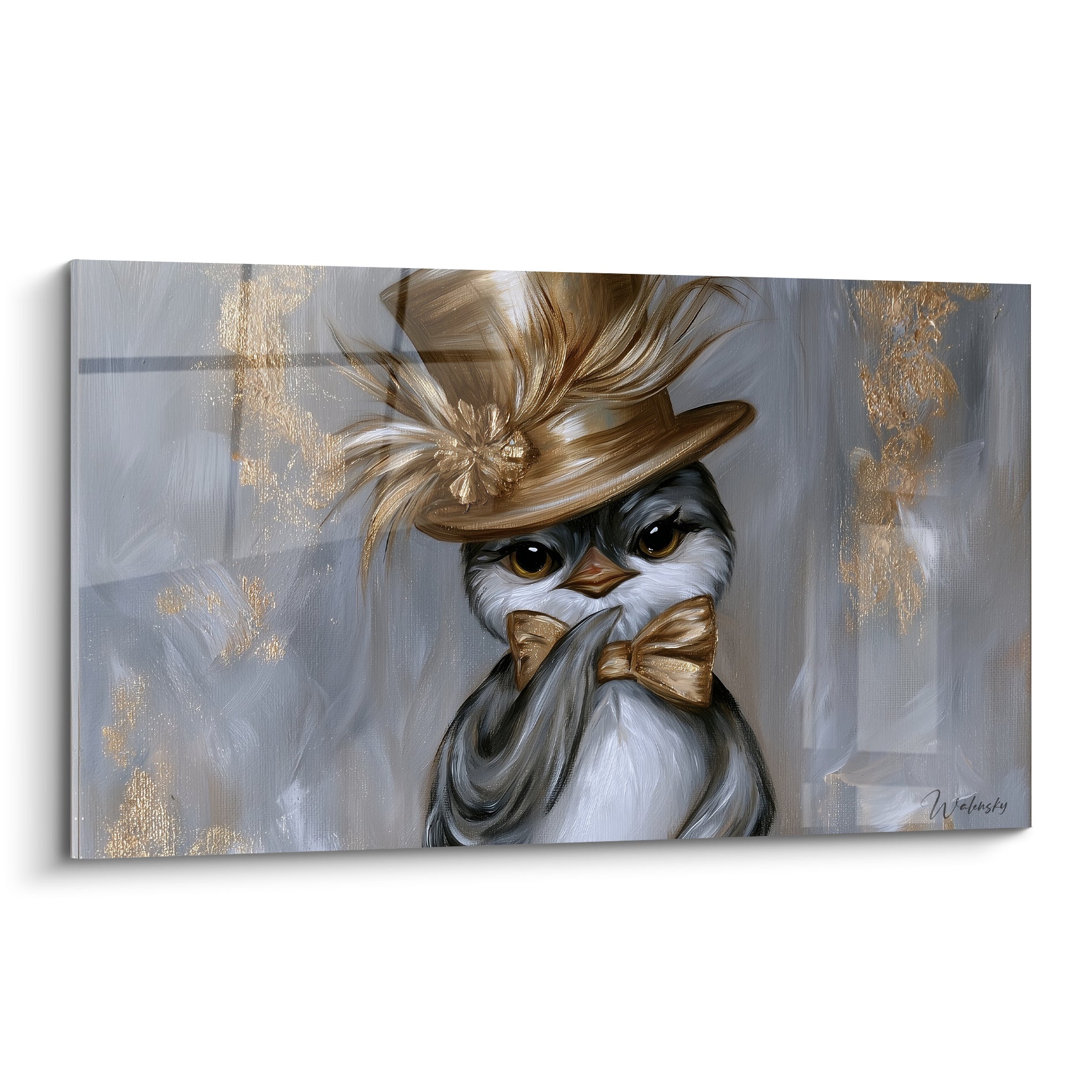 Pingouin en haut-de-forme doré et nœud papillon bronze sur fond gris texturé peint