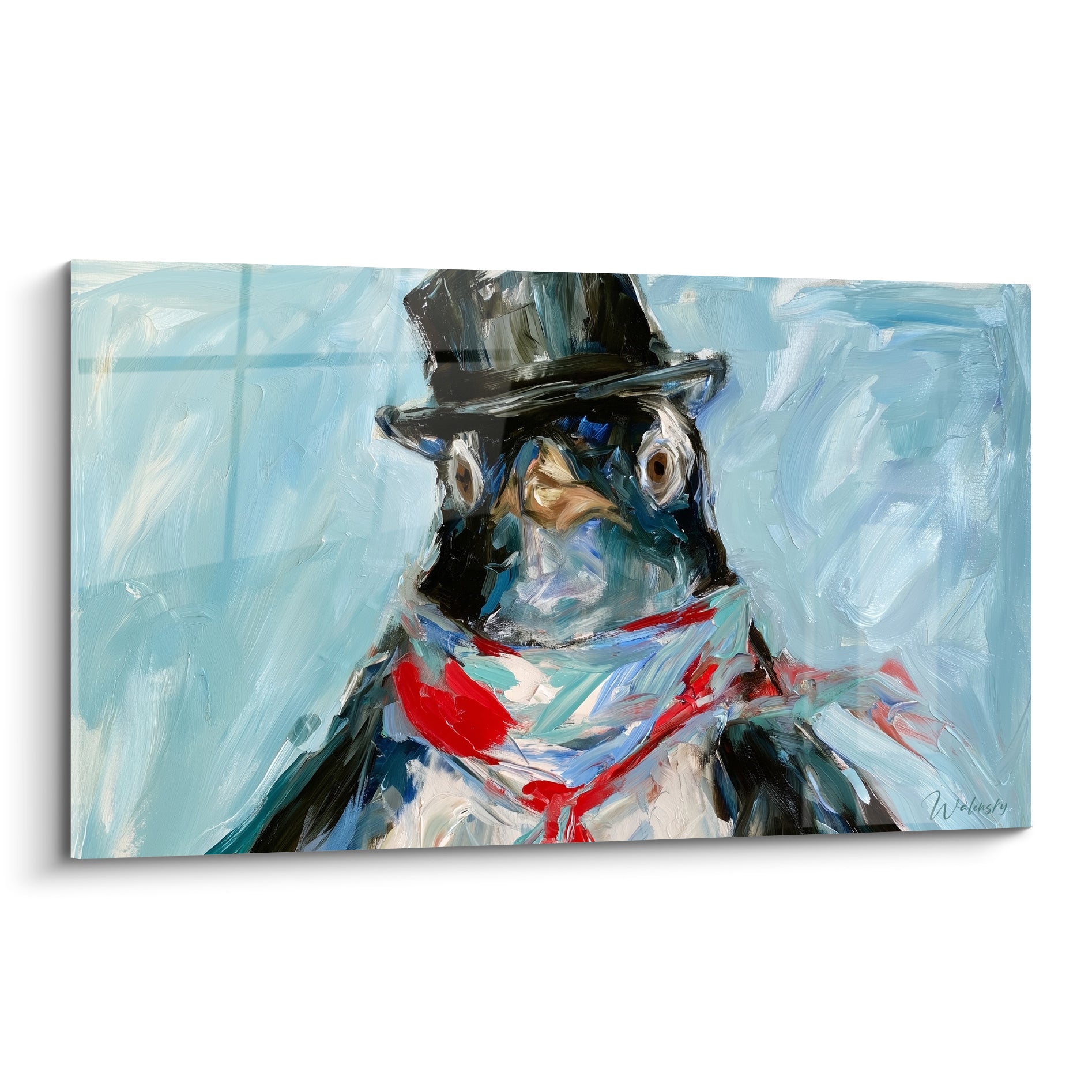 Pingouin au haut-de-forme noir et écharpe rouge, peinture expressive en bleu pastel et blanc