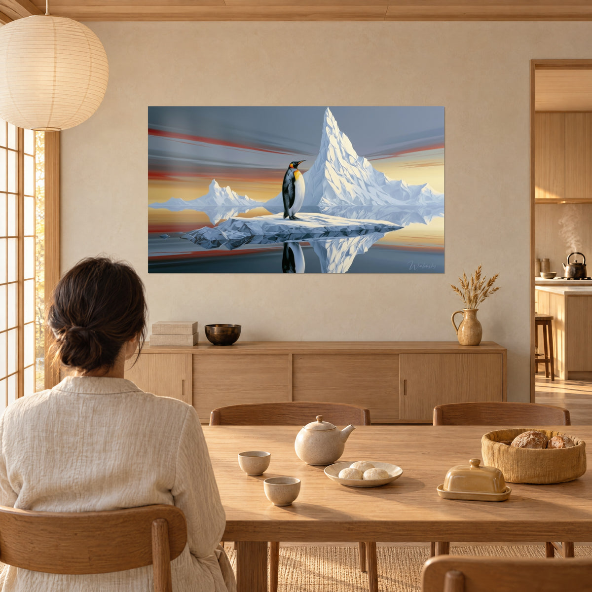 Cuadro pingüino de pecho amarillo anaranjado delante de una montaña de hielo blanco, mujer de espaldas en la mesa, té y pan, comedor estilo japandi