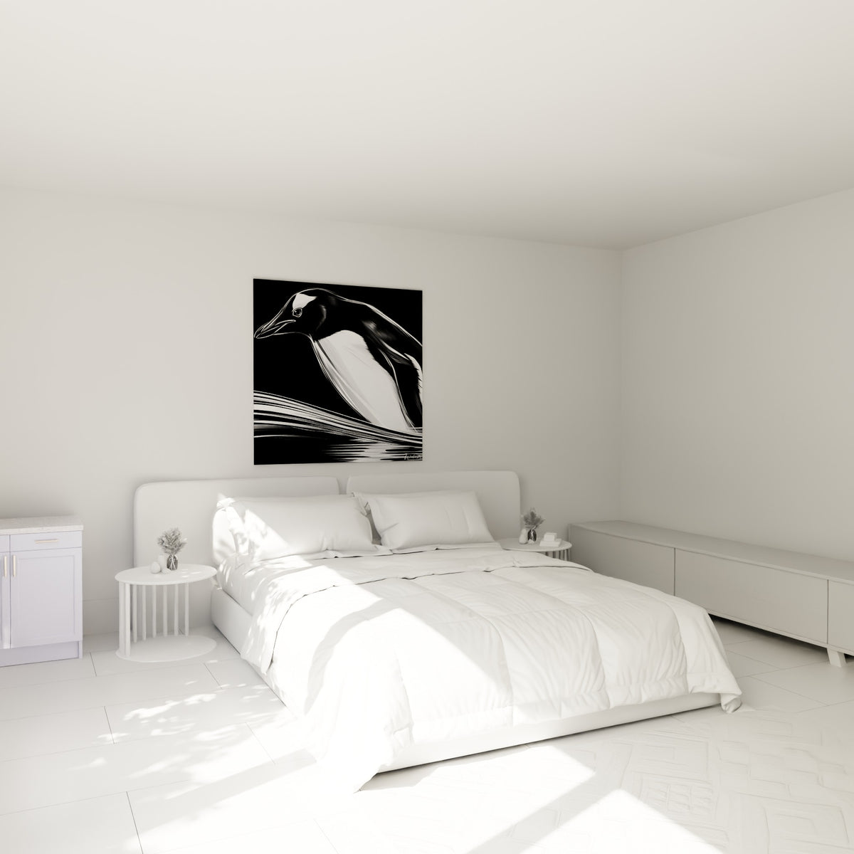 Silhouette de pingouin blanc et noir en plein élan, accrochée au-dessus d'un lit dans une chambre claire