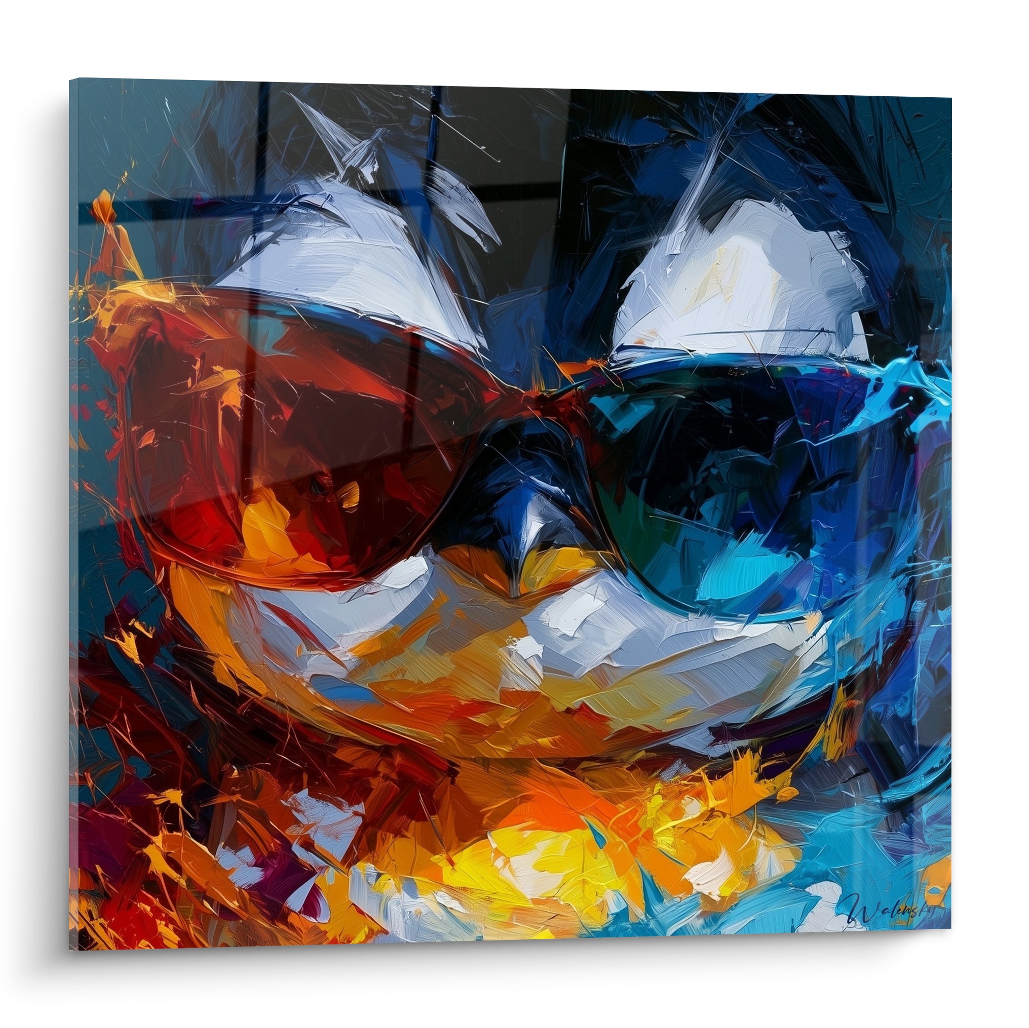 Pingouin à lunettes de soleil, verres orange et bleu, peinture aux empâtements expressifs et contrastés