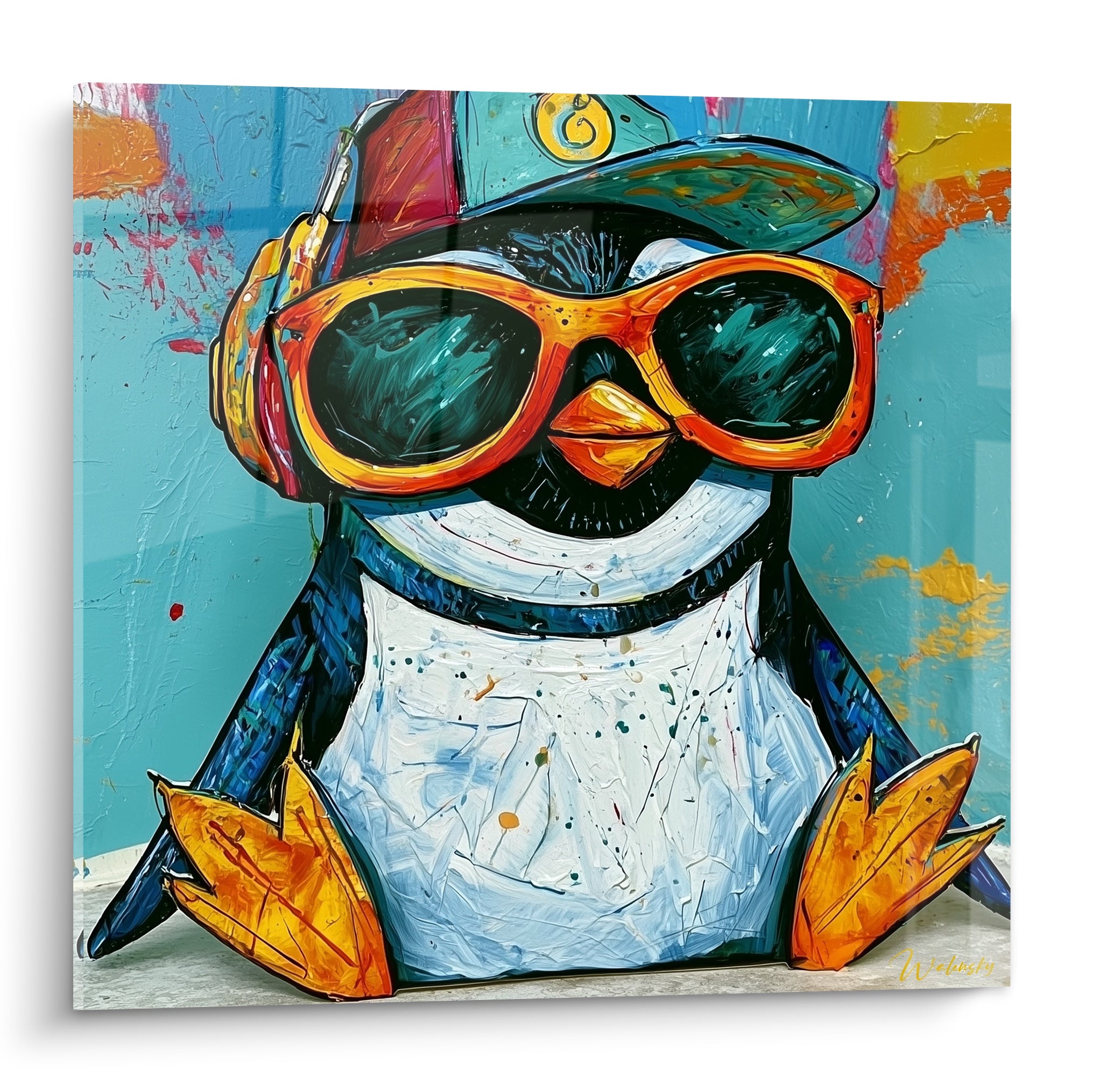 Pingouin coiffé d'une casquette turquoise et de lunettes orange, plastron blanc texturé sur fond éclaboussé
