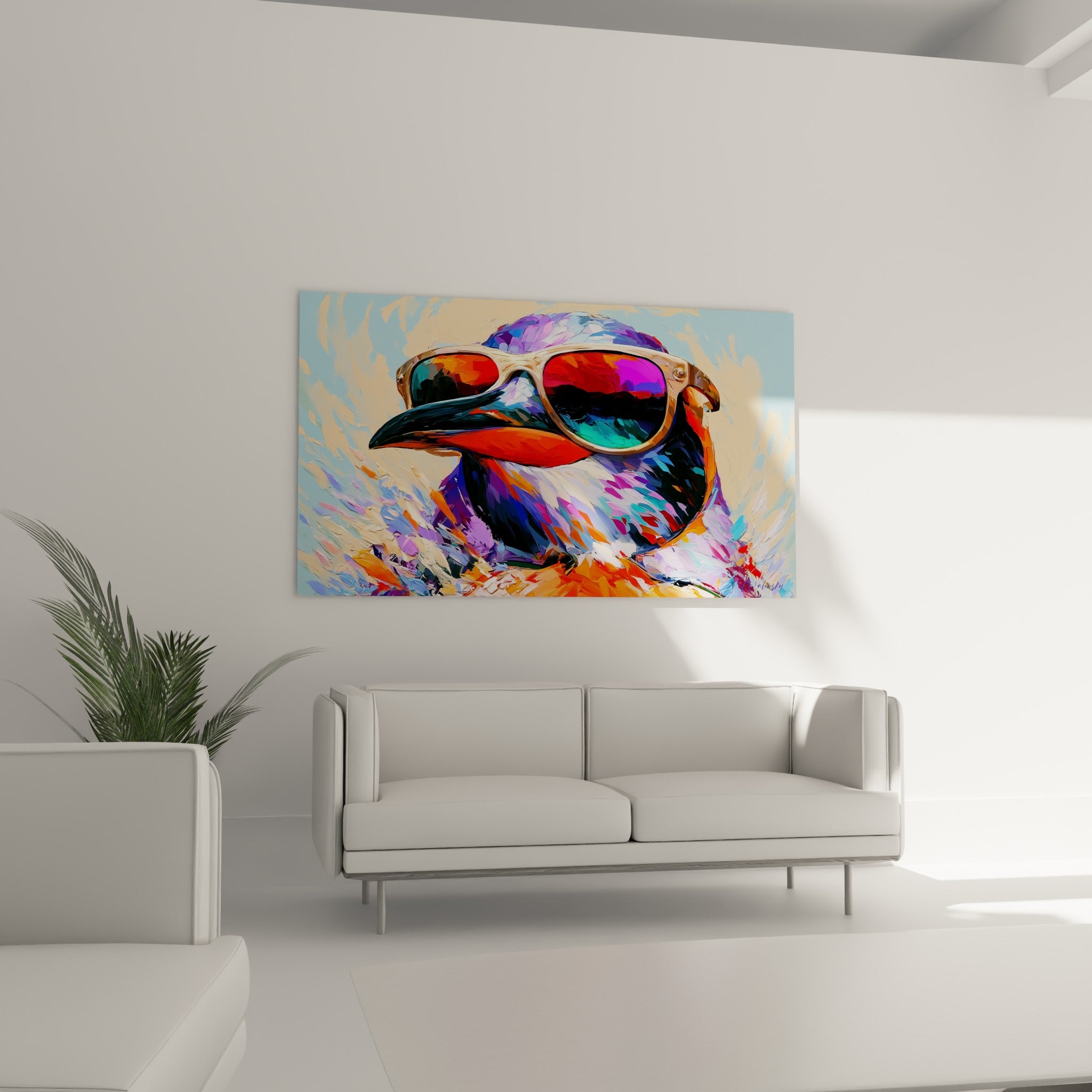 Lunettes réfléchissantes du pingouin aux teintes rose et turquoise, au-dessus d'un canapé dans un salon lumineux