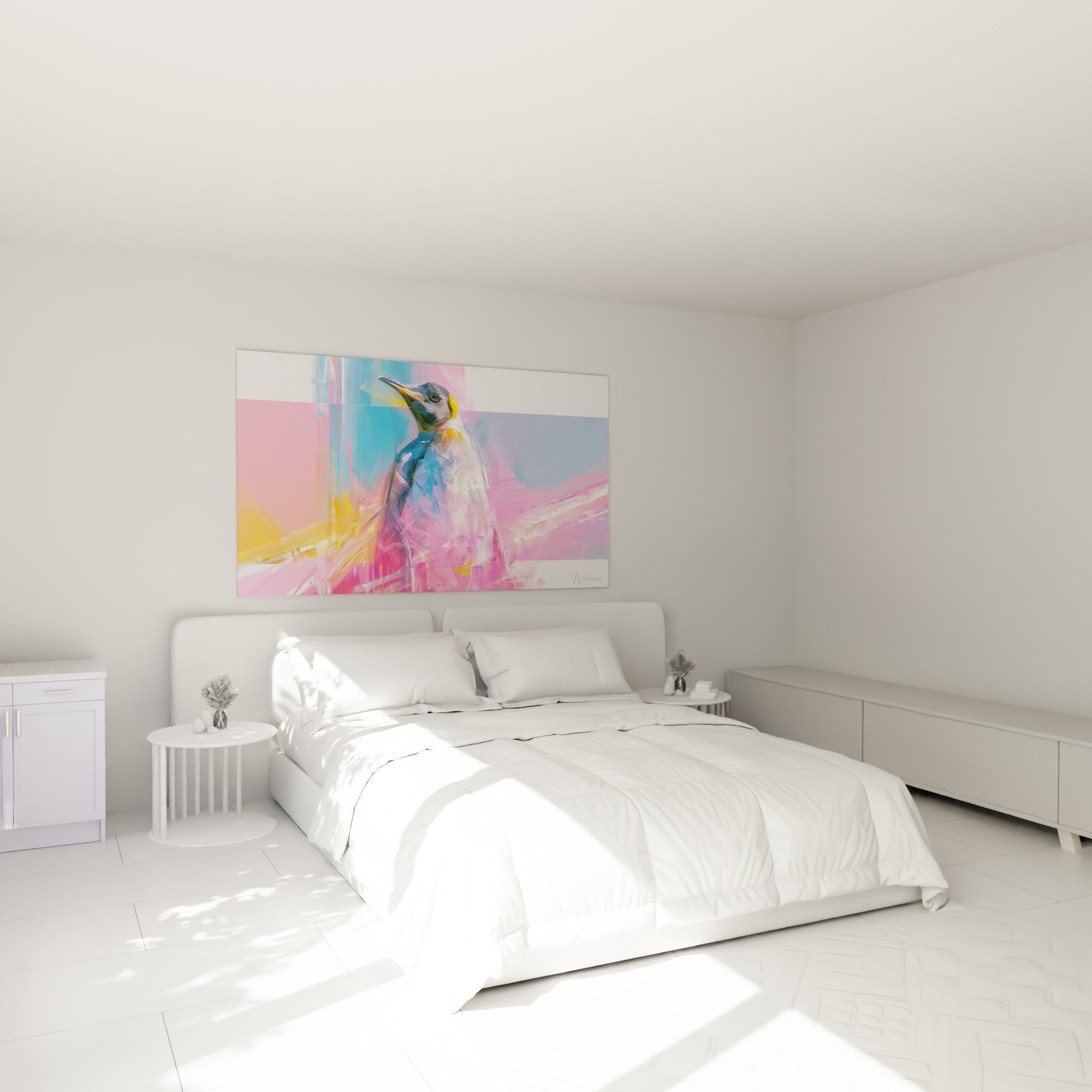 Silhouette de manchot royal aux touches roses et bleues, accrochée au-dessus d'un lit dans une chambre claire