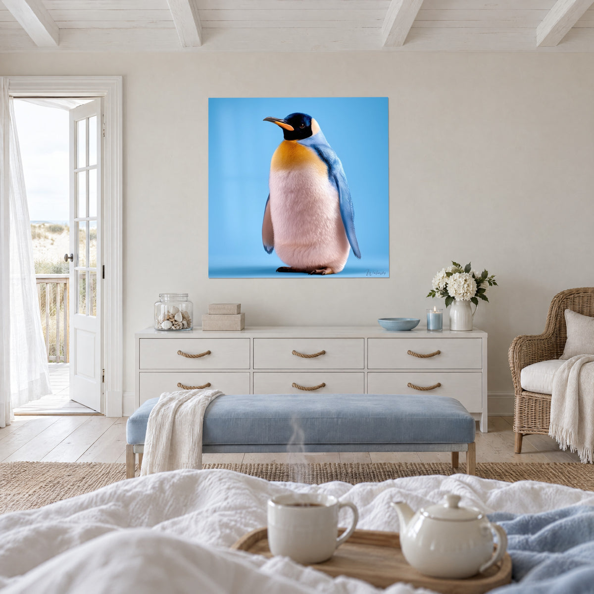 Tableau manchot royal au duvet rose pâle et collier jaune safran sur fond bleu ciel, au-dessus d'un lit dans une chambre claire