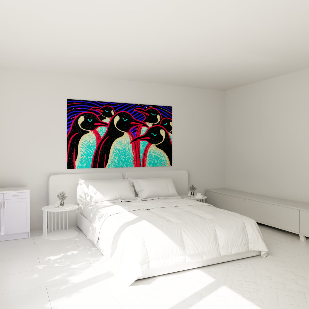 Colonie de manchots rouge et turquoise au-dessus d'un lit dans une chambre claire