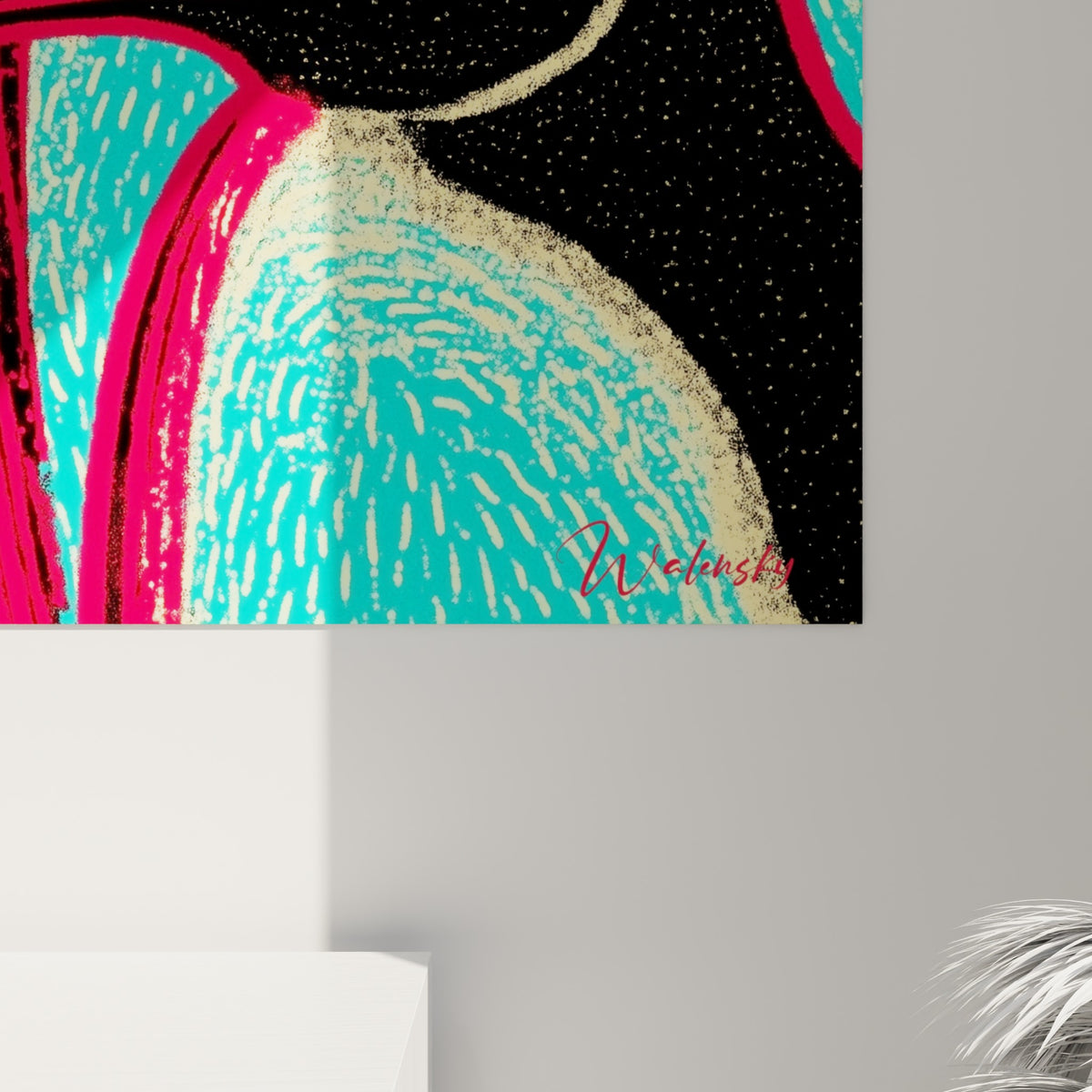 Trait rouge vif et texture turquoise granuleuse visibles en angle sur l'impression du tableau manchots