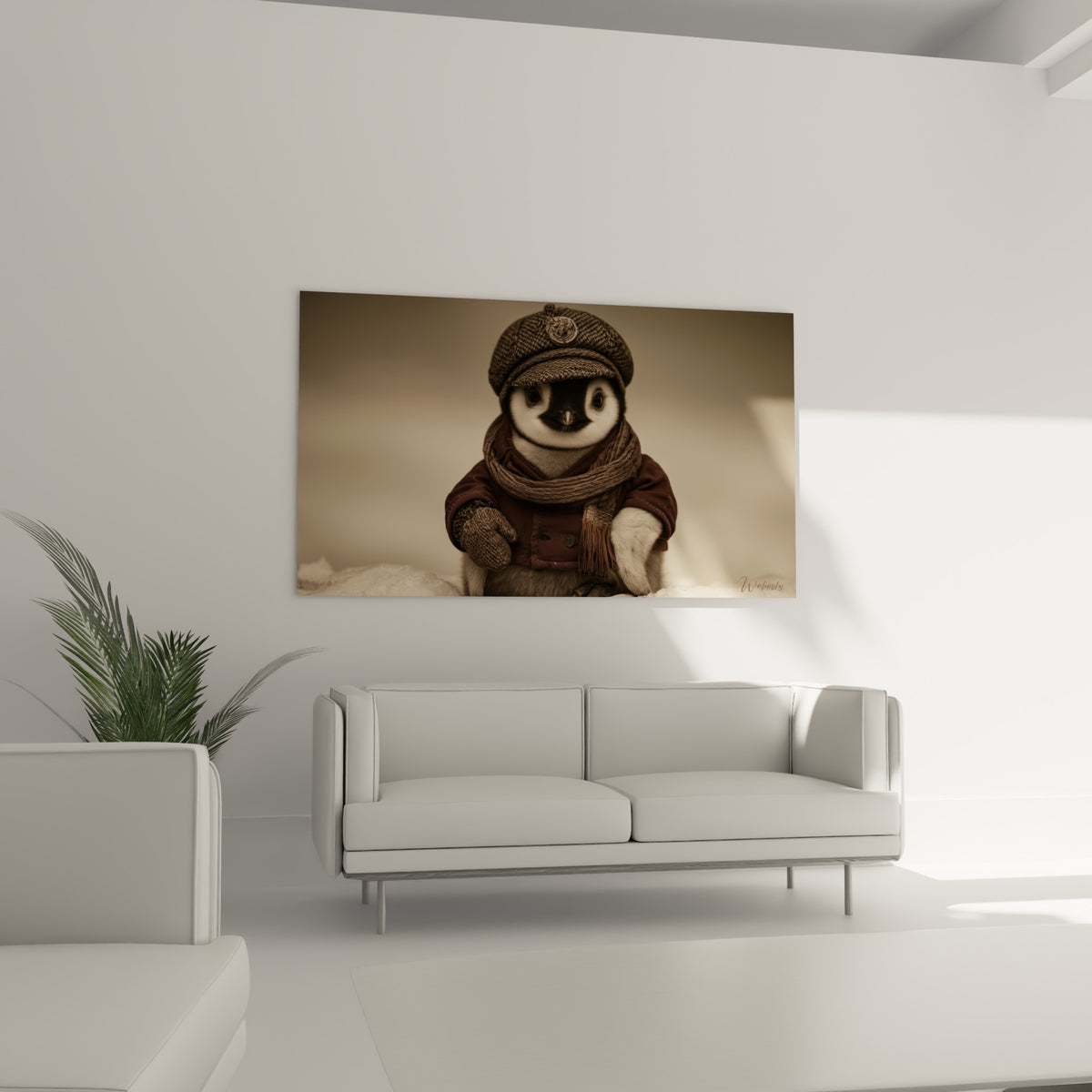 Petit pingouin vêtu de bordeaux et gris anthracite au-dessus d'un canapé dans un salon lumineux