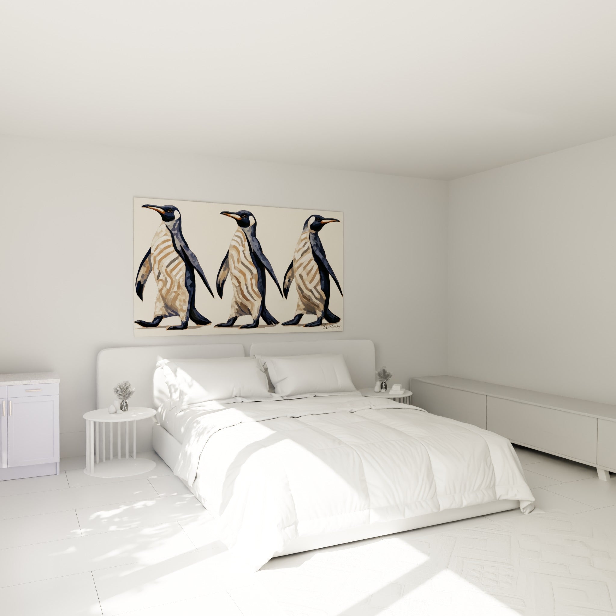 Trio de pingouins anthracite et beige sableux accroché au-dessus d'un lit dans une chambre claire