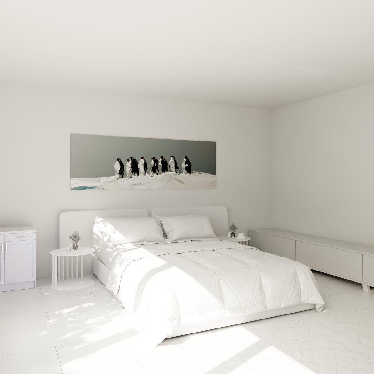 Colonie de pingouins noirs et blancs en marche, au-dessus d'un lit dans une chambre claire