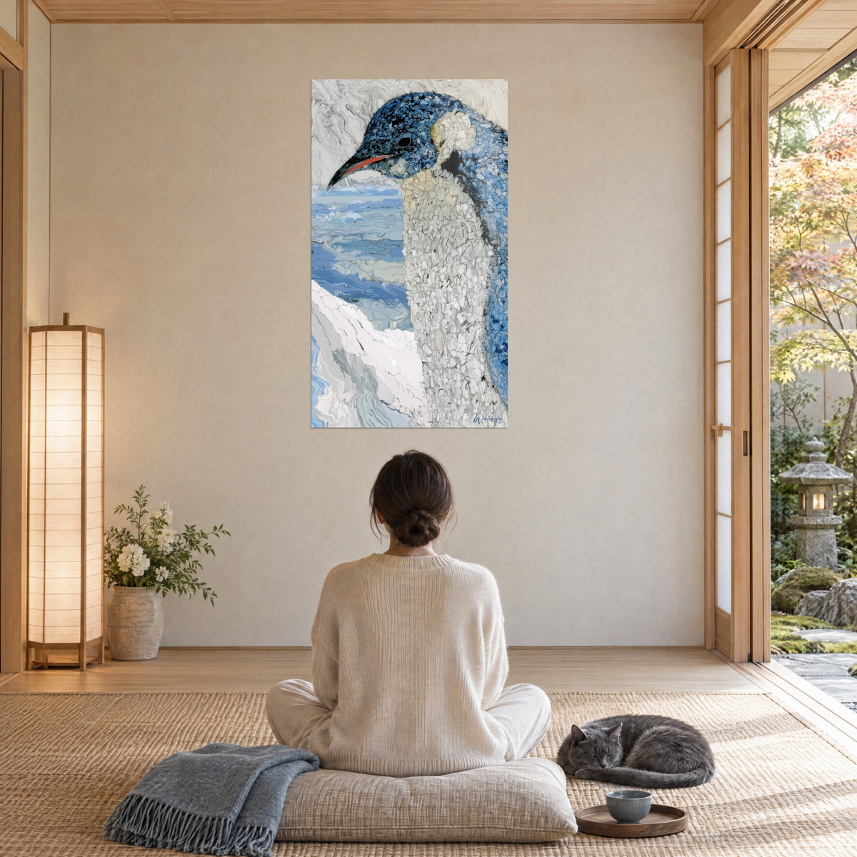 Tableau manchot aux mosaïques bleu roi et gris perle, bec corail, banquise marbrée, méditation d'une personne de dos, chat gris endormi