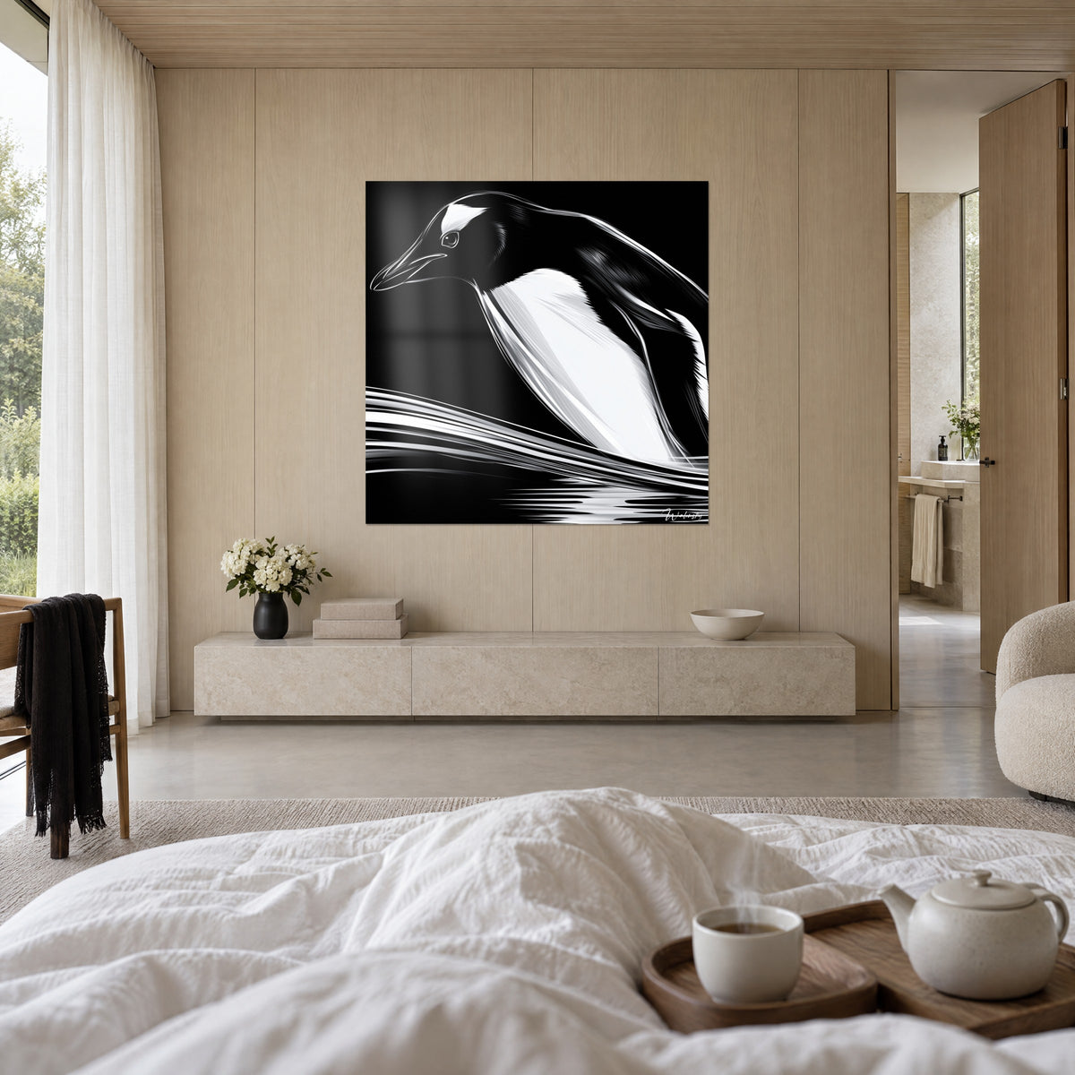 Tableau pingouin plongeant, bec effilé gris perle et plumage d'encre noire, vagues argentées, au-dessus d'un lit dans une chambre claire