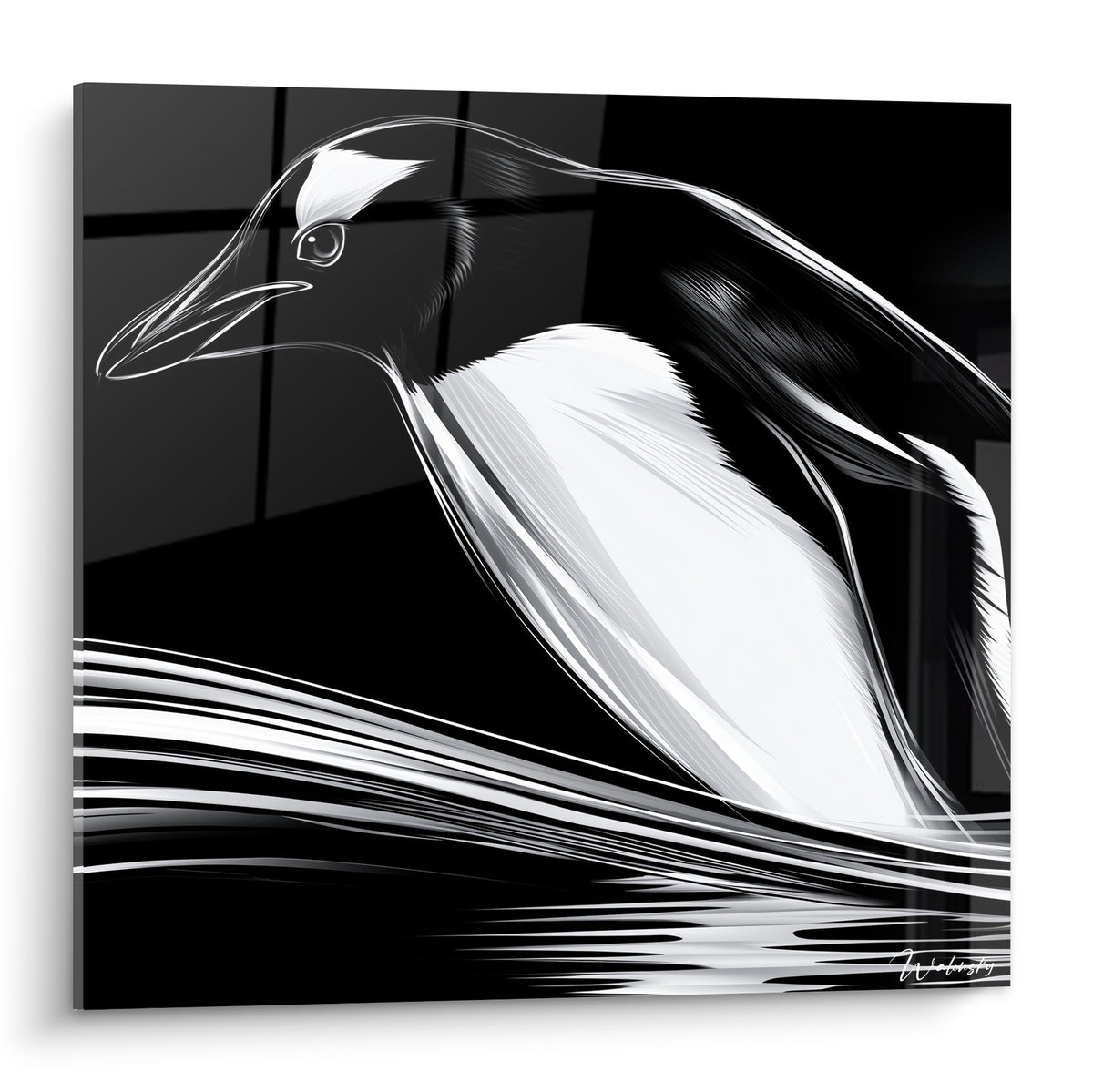 Pingouin noir et blanc aux lignes fluides, tracé graphique sur fond anthracite intense