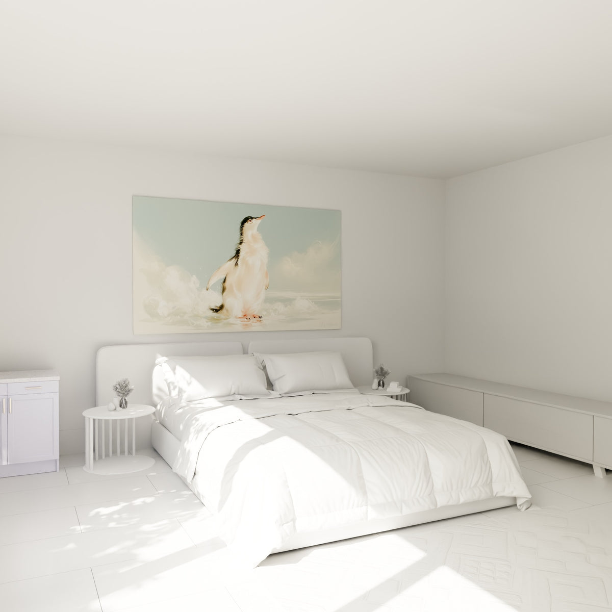 Manchot rose et anthracite peint en touches douces, au-dessus d'un lit dans une chambre claire
