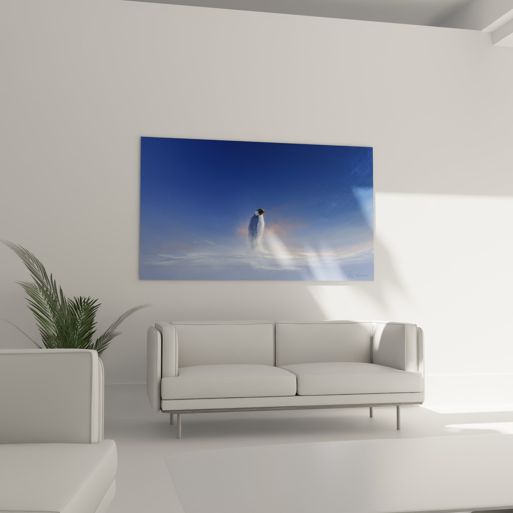 Pingouin isolé aux teintes bleu marine et ocre doré au-dessus d'un canapé dans un salon lumineux