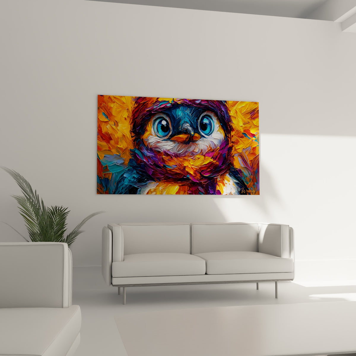 Regard bleu turquoise du pingouin sur fond ocre et pourpre, disposé au-dessus d'un canapé dans un salon lumineux