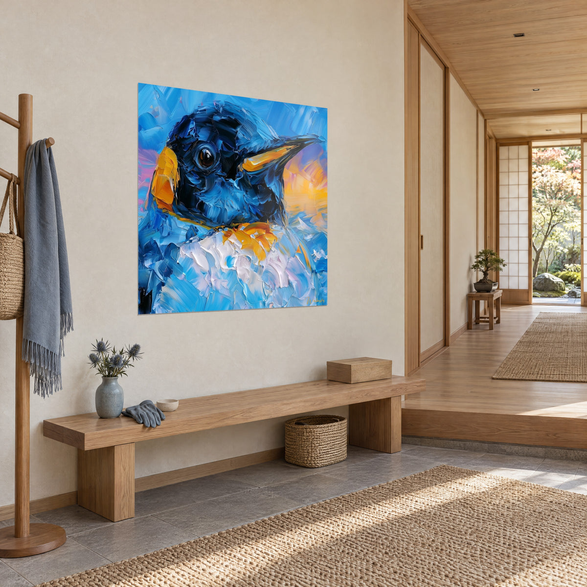 Tableau oiseau marin à l'œil noir brillant, joue orange vif et plumes bleu azur en spatule, accroché près d'une entrée en bois clair