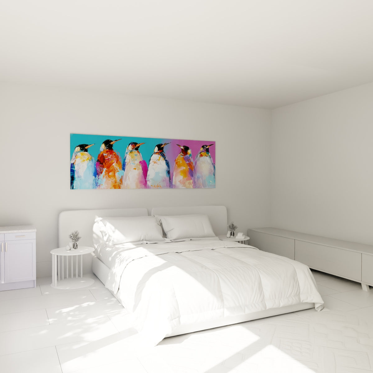 Colonie de pingouins colorés en turquoise et magenta au-dessus d'un lit dans une chambre claire