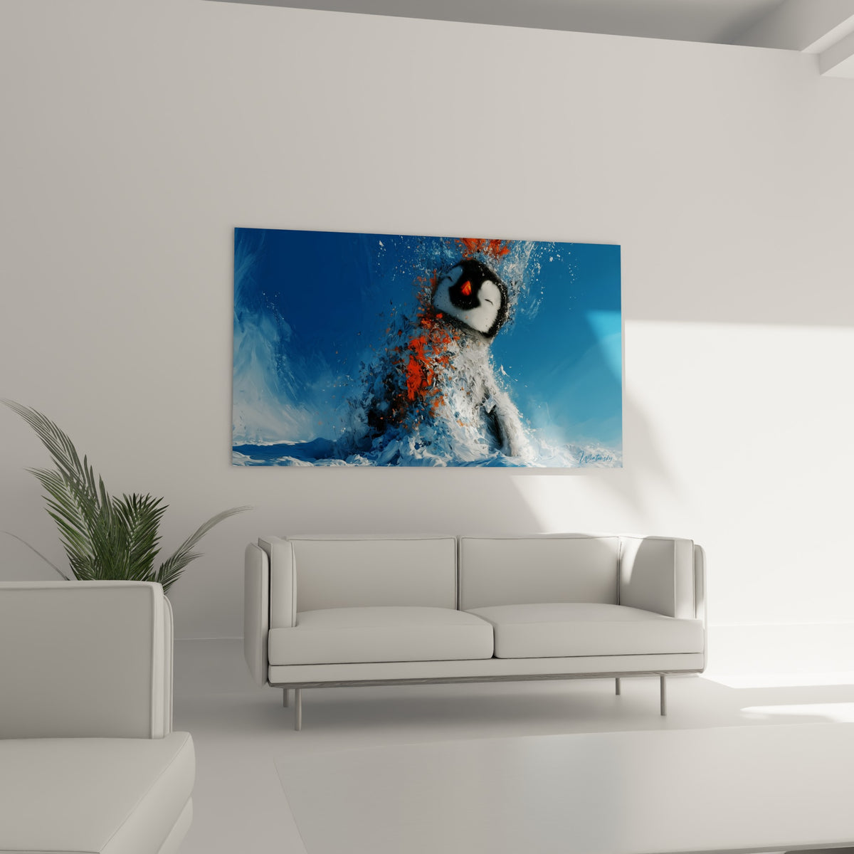 Matière blanche et orangée jaillissant d'un pingouin bleuté, au-dessus d'un canapé dans un salon lumineux