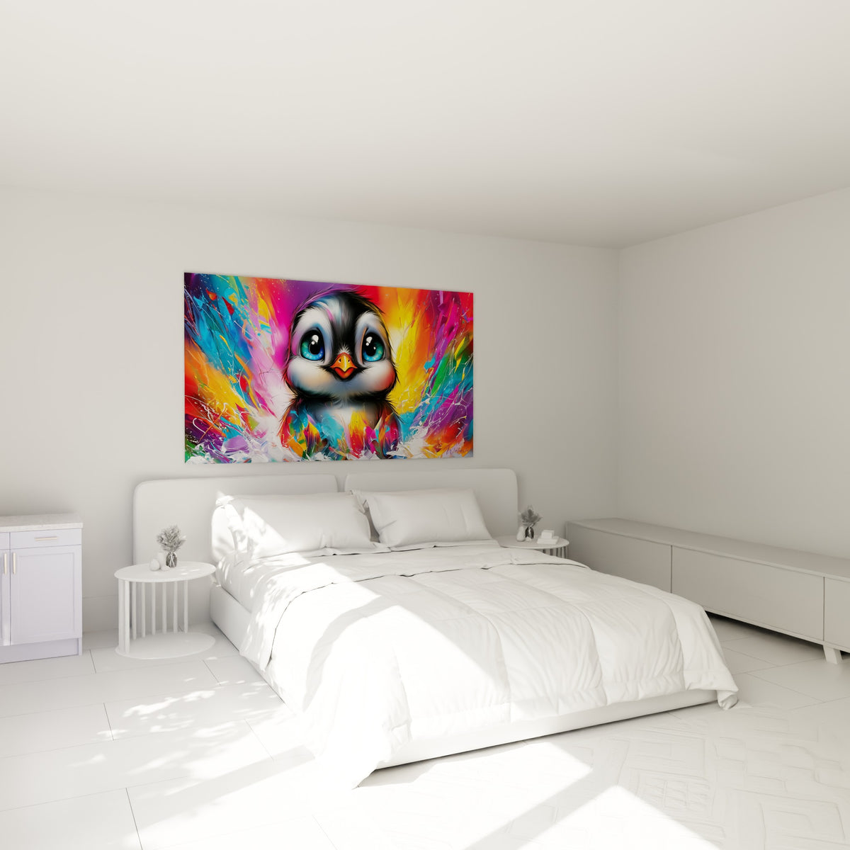 Pingouin aux yeux turquoise et bec orange, accroché au-dessus d'un lit dans une chambre claire