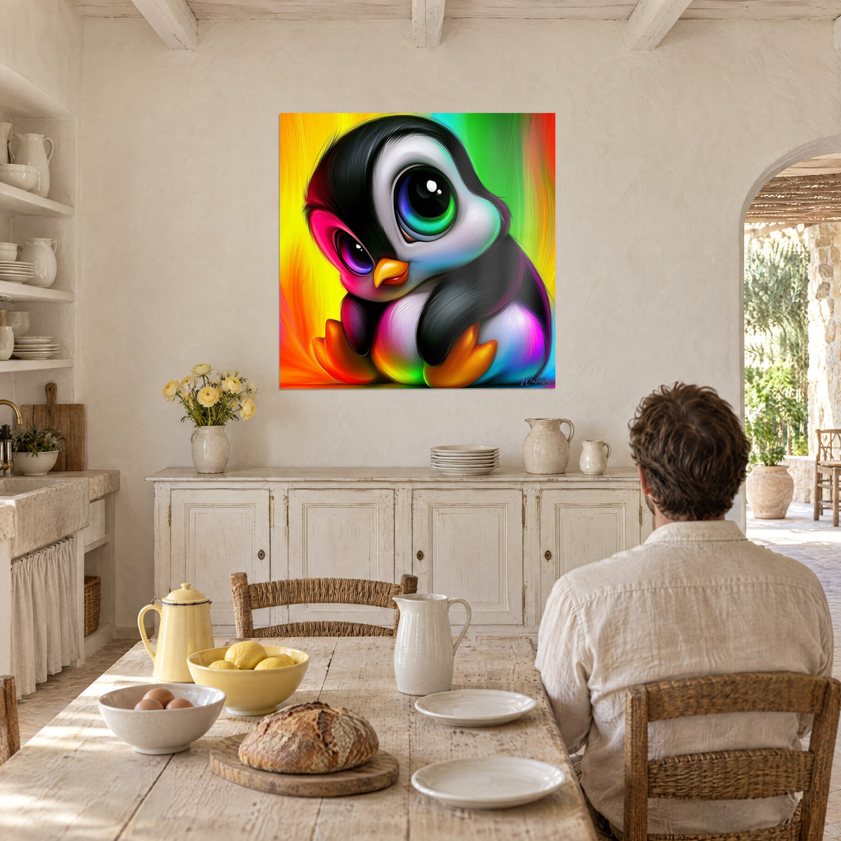 Tableau pingouin tendre aux pattes orange et à l'œil vert émeraude, fond arc-en-ciel, contemplé par un homme de dos attablé dans un mas provençal