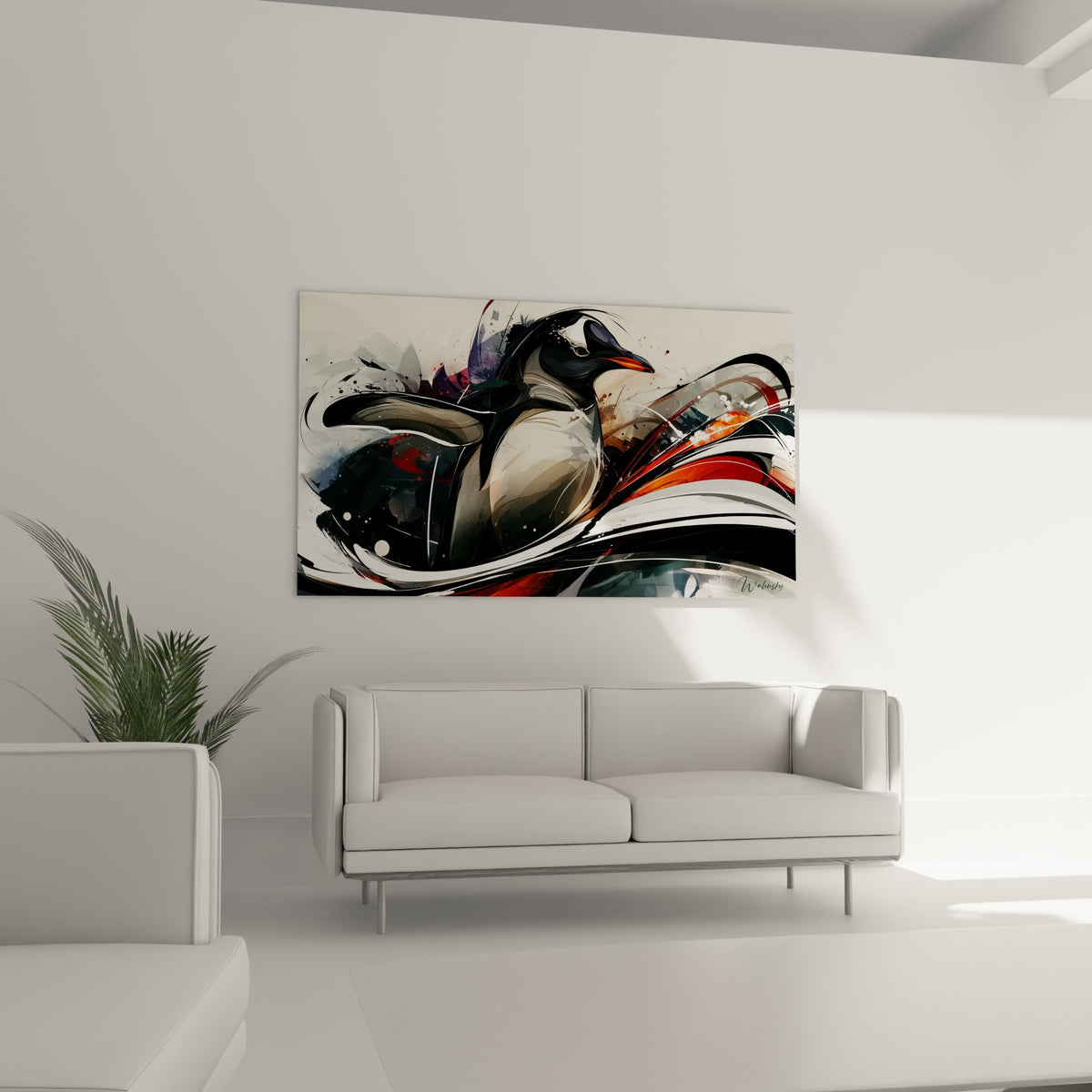 Bec orangé du pingouin contrastant avec le noir profond du plumage, au-dessus d'un canapé dans un salon lumineux.