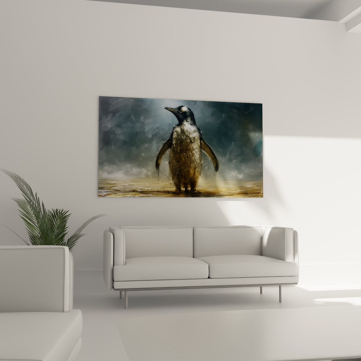 Plumage brun doré du pingouin sur fond gris bleuté, accroché au-dessus d'un canapé dans un salon lumineux