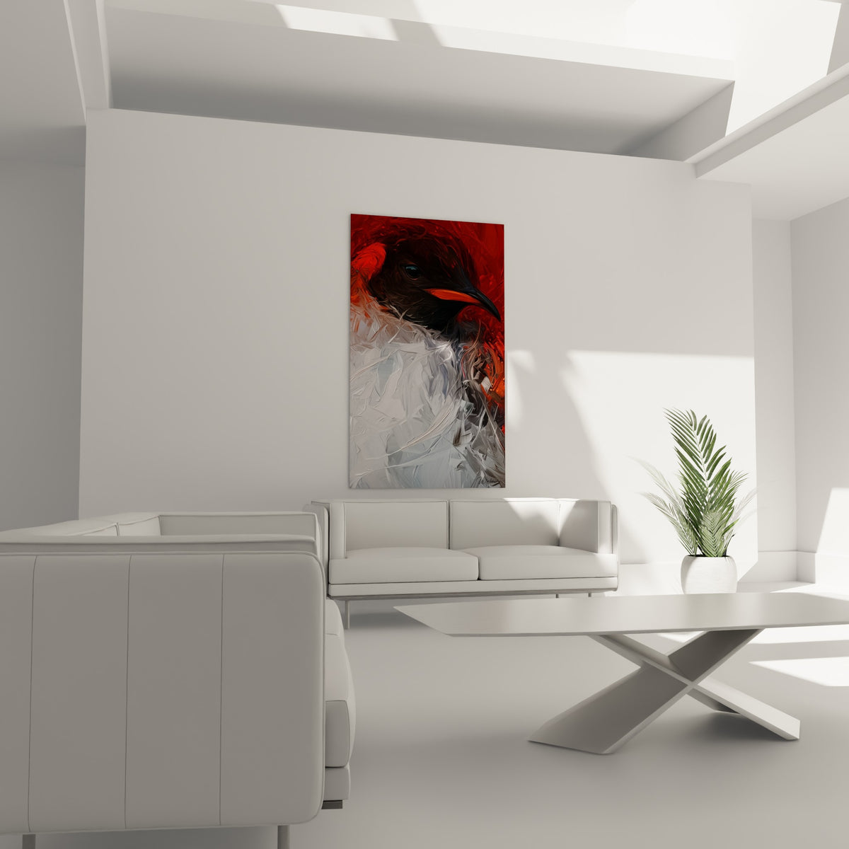 Bec orangé saillant sur fond écarlate et plumage blanc, œuvre placée au-dessus d'un canapé dans un salon lumineux