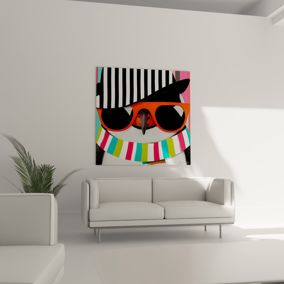 Pingouin fantaisiste en chapeau noir et blanc et lunettes orange, suspendu au-dessus d'un canapé dans un salon lumineux